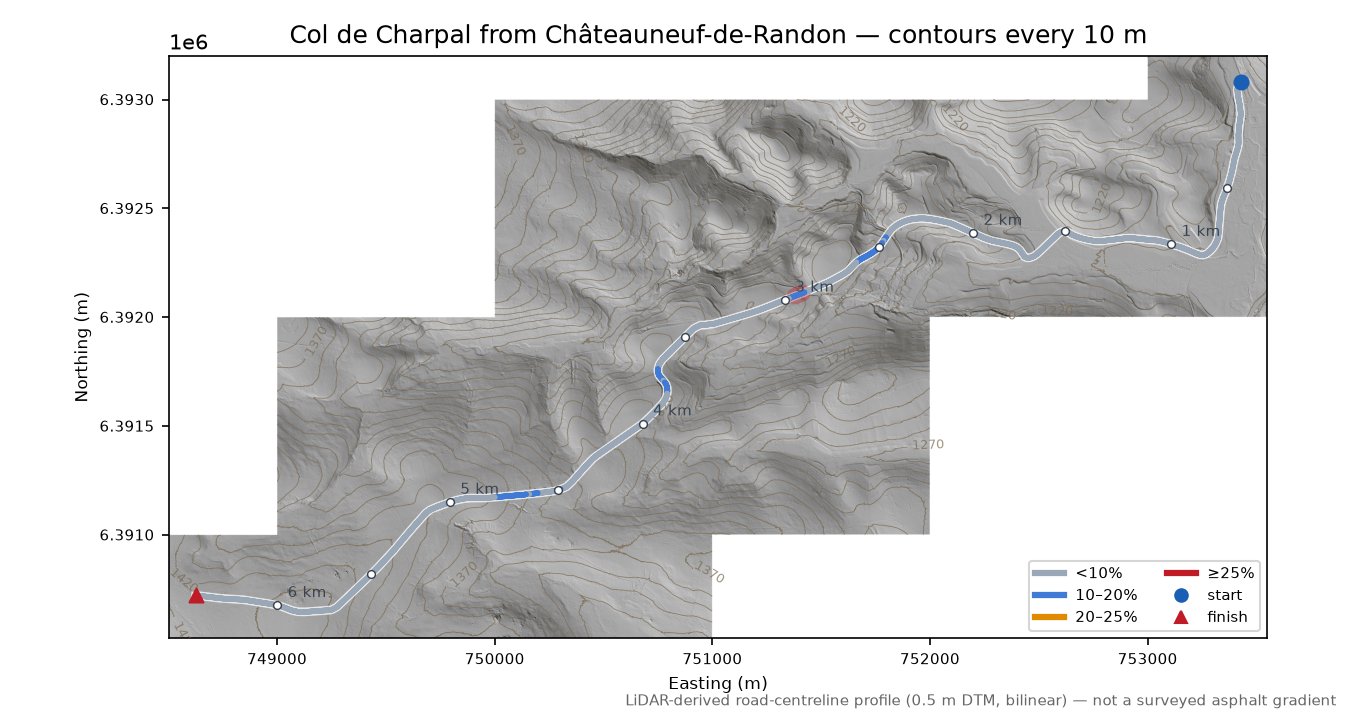 Col de Charpal from Châteauneuf-de-Randon LiDAR hillshade map with contours
