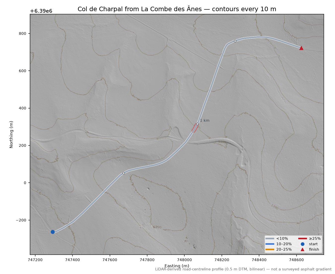 Col de Charpal from La Combe des Ânes LiDAR hillshade map with contours