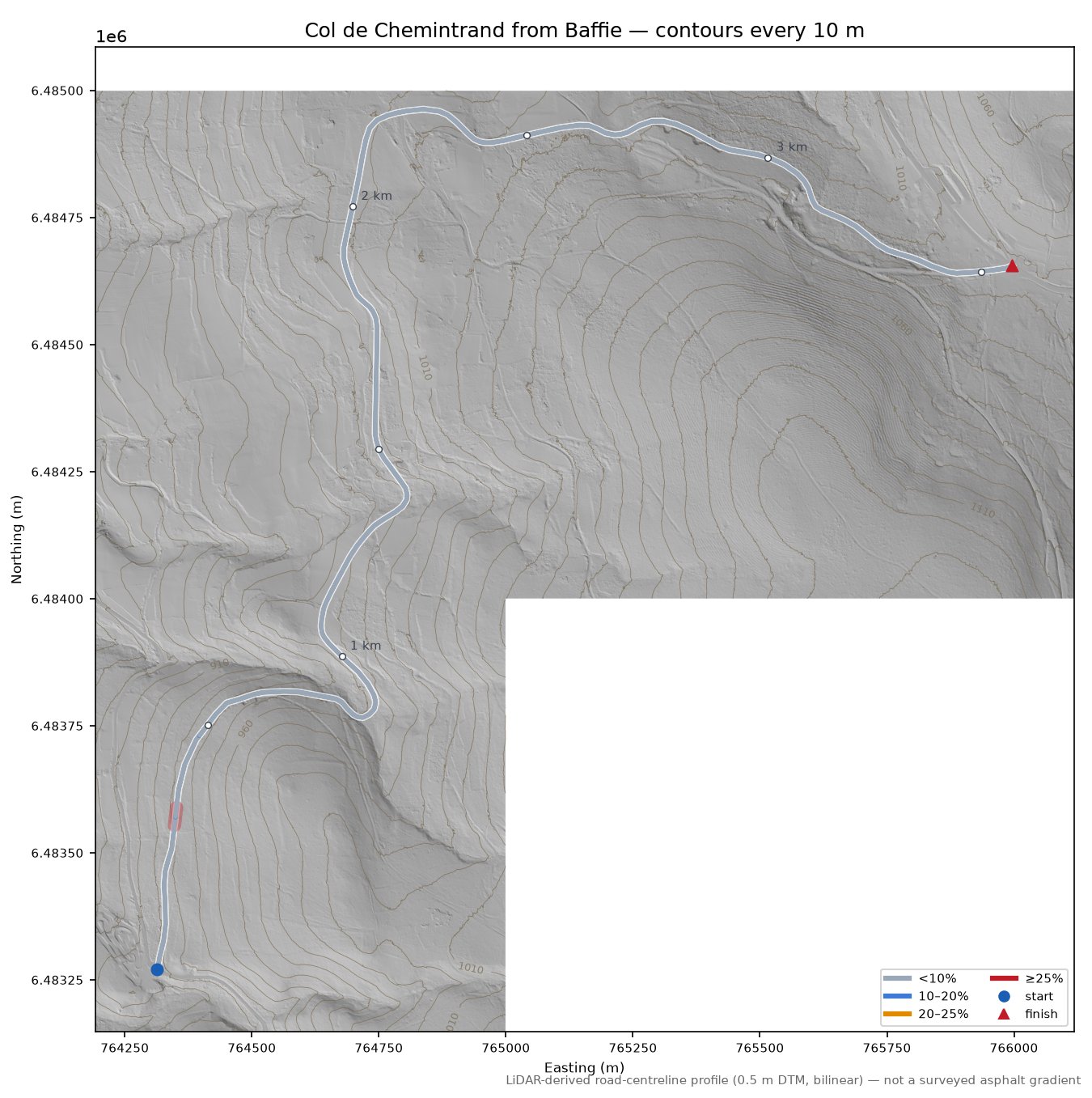 Col de Chemintrand from Baffie LiDAR hillshade map with contours