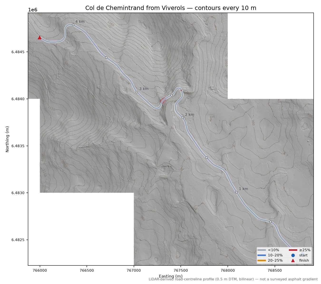 Col de Chemintrand from Viverols LiDAR hillshade map with contours