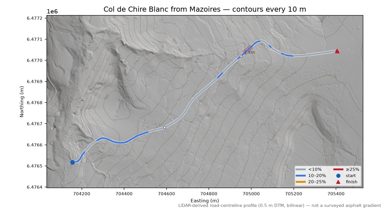 Col de Chire Blanc from Mazoires LiDAR hillshade map with contours