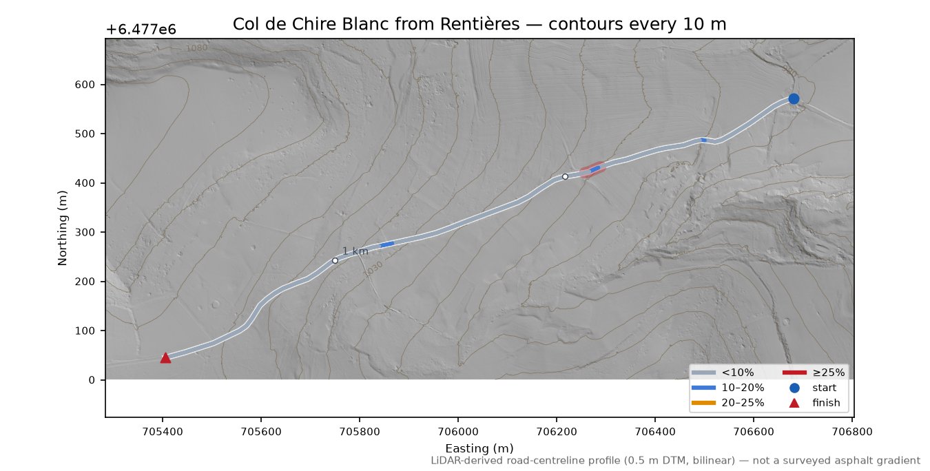 Col de Chire Blanc from Rentières LiDAR hillshade map with contours