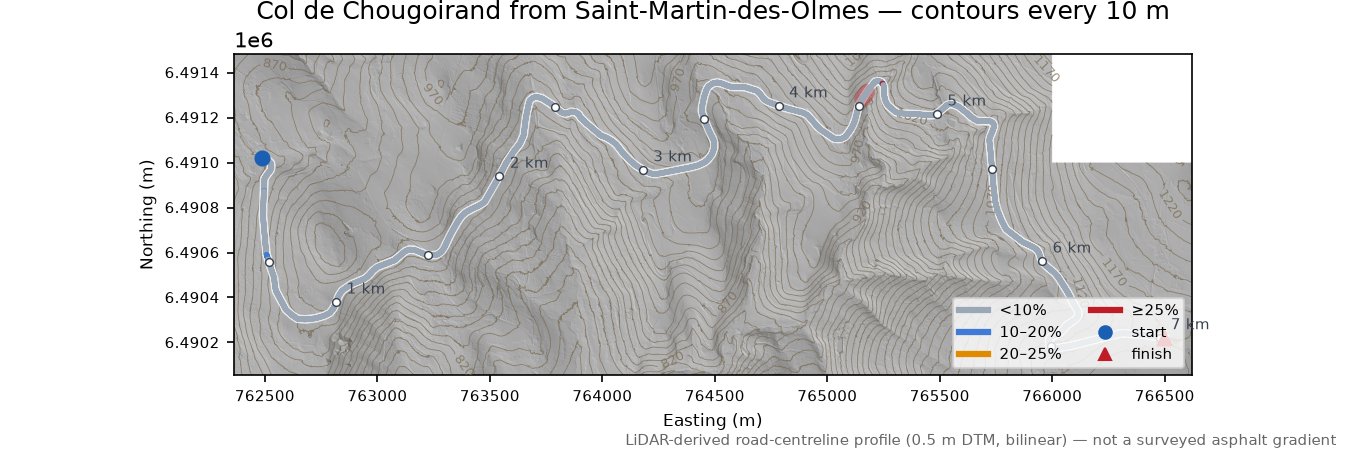 Col de Chougoirand from Saint-Martin-des-Olmes LiDAR hillshade map with contours