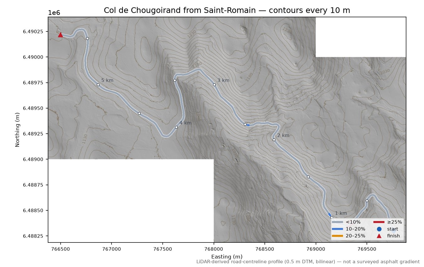 Col de Chougoirand from Saint-Romain LiDAR hillshade map with contours
