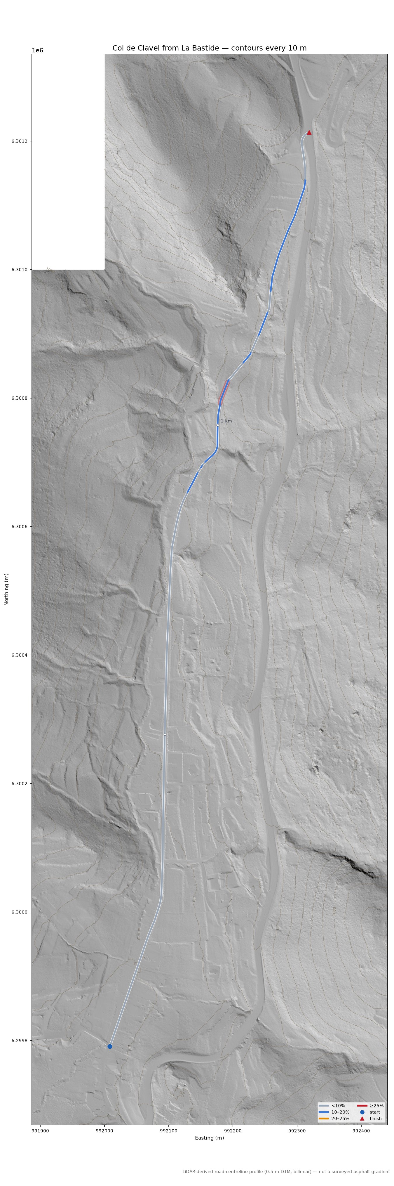 Col de Clavel from La Bastide LiDAR hillshade map with contours