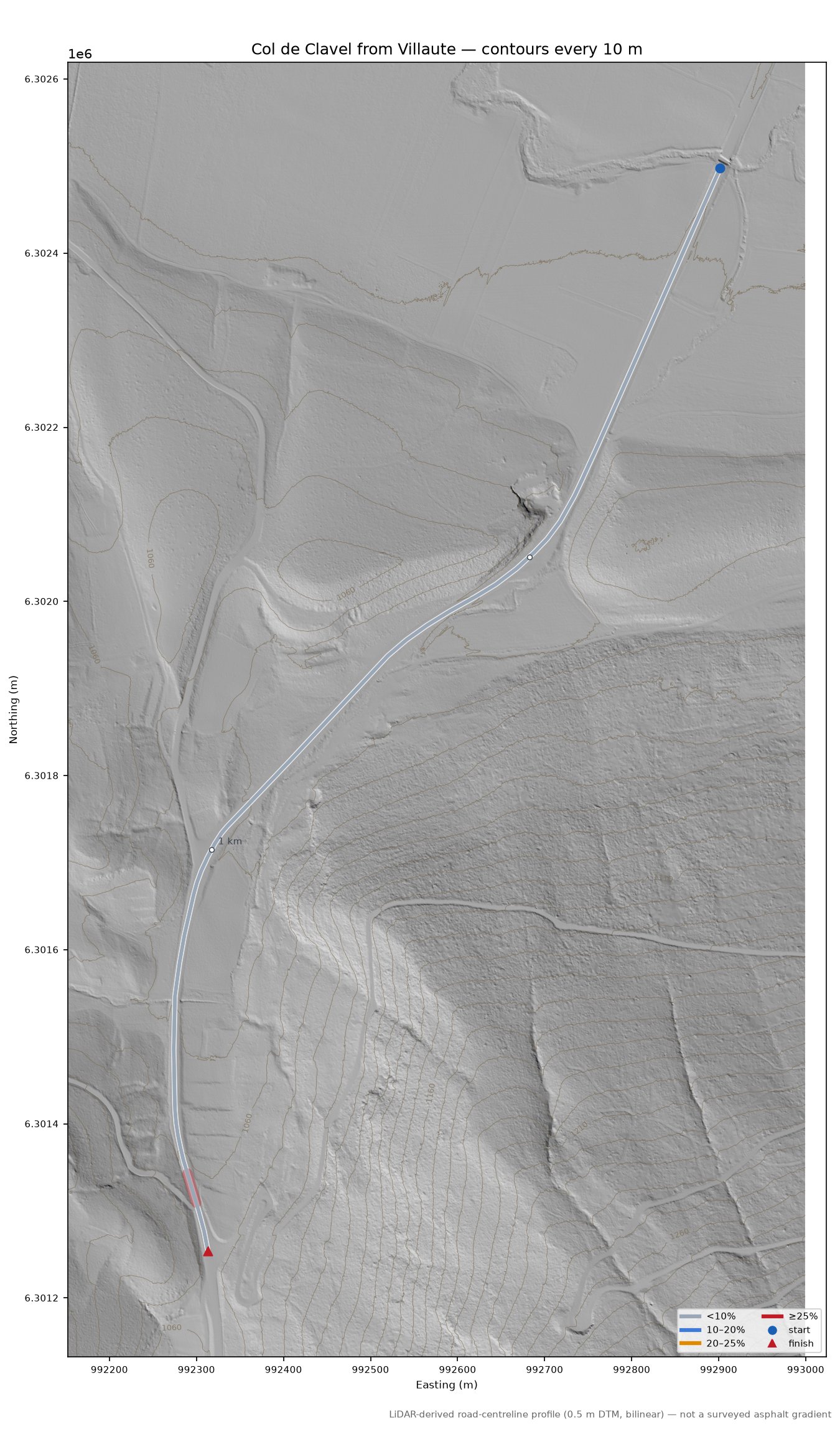 Col de Clavel from Villaute LiDAR hillshade map with contours