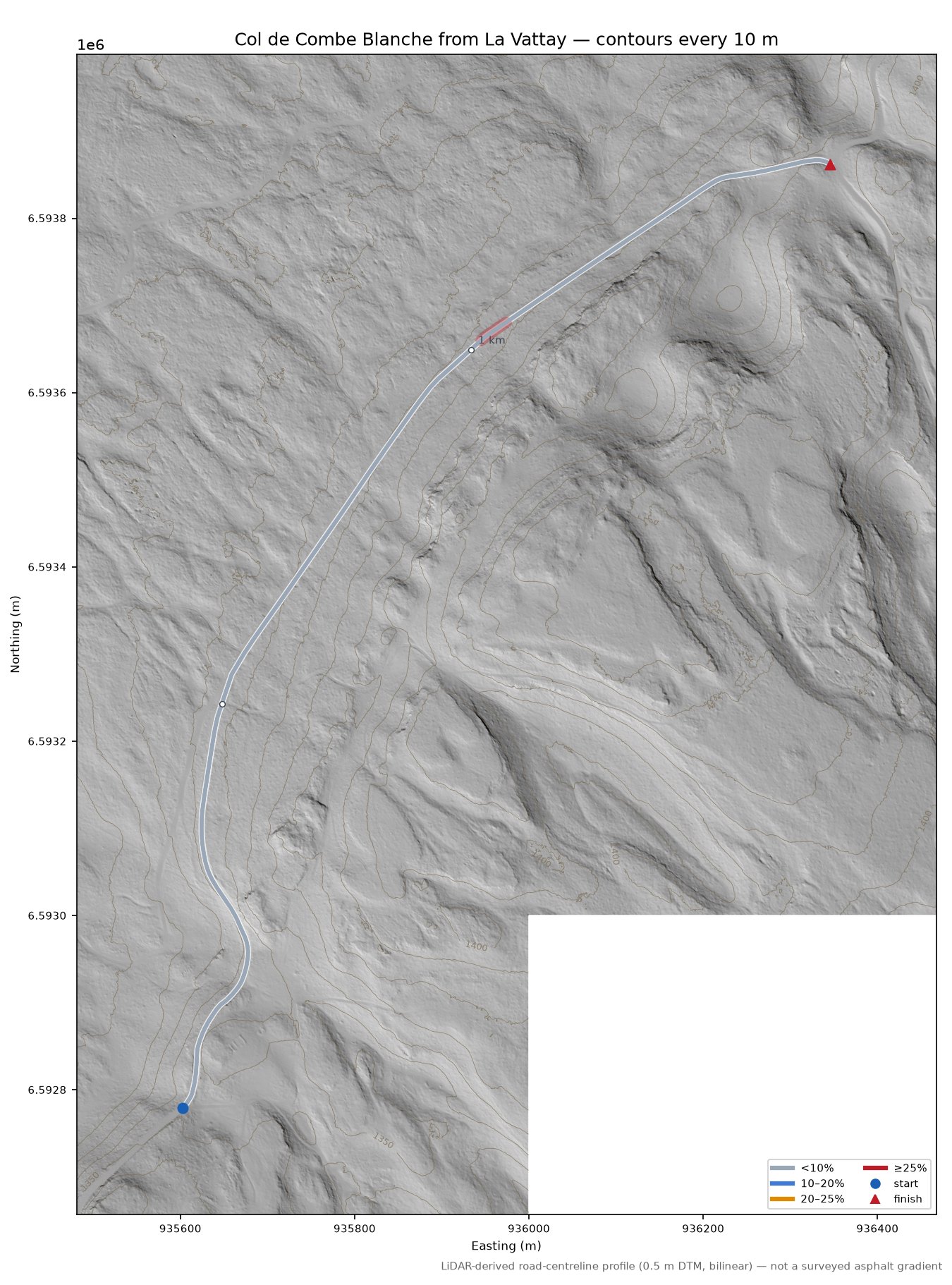 Col de Combe Blanche from La Vattay LiDAR hillshade map with contours