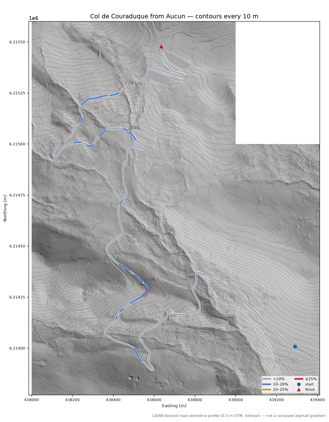 Col de Couraduque from Aucun LiDAR hillshade map with contours