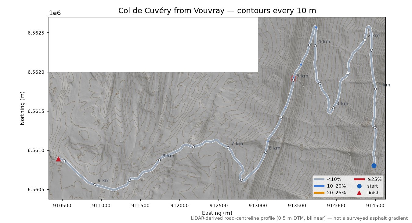 Col de Cuvéry from Vouvray LiDAR hillshade map with contours