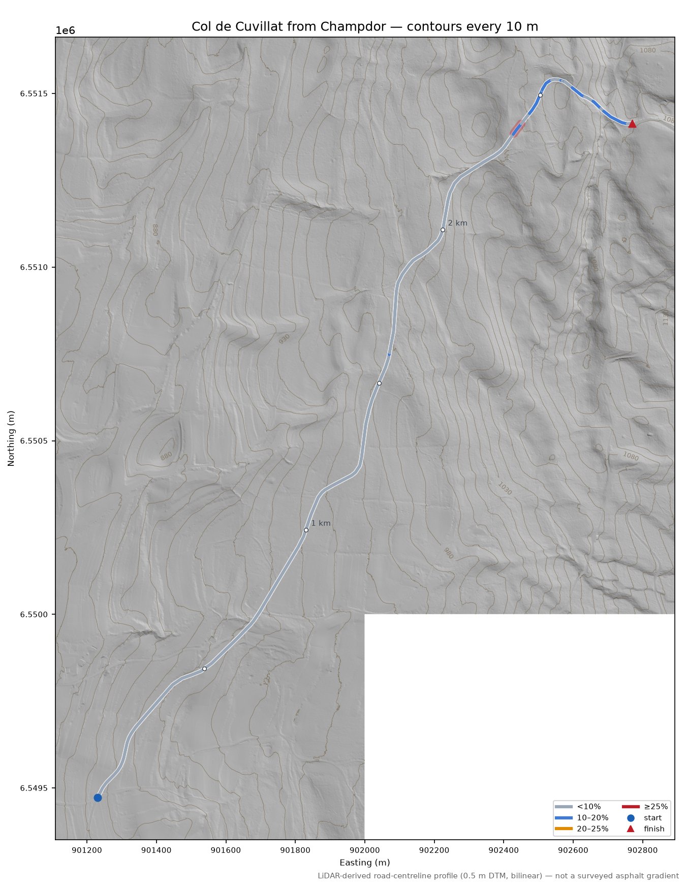 Col de Cuvillat from Champdor LiDAR hillshade map with contours