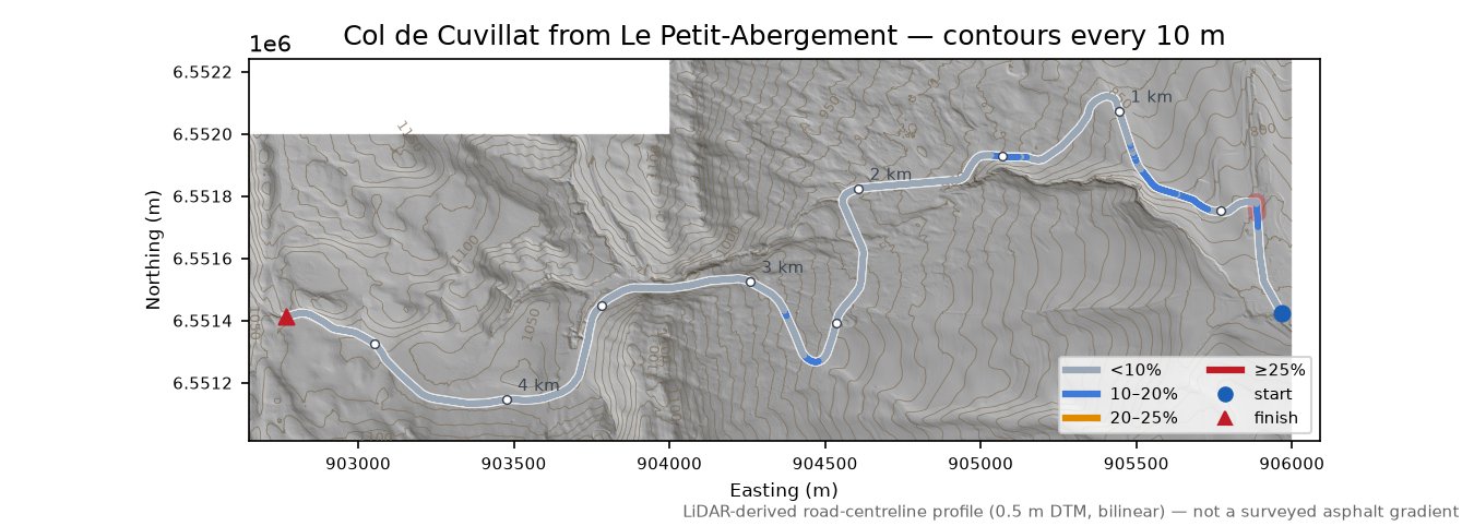 Col de Cuvillat from Le Petit-Abergement LiDAR hillshade map with contours