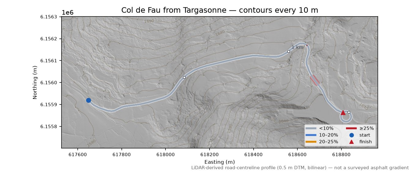 Col de Fau from Targasonne LiDAR hillshade map with contours