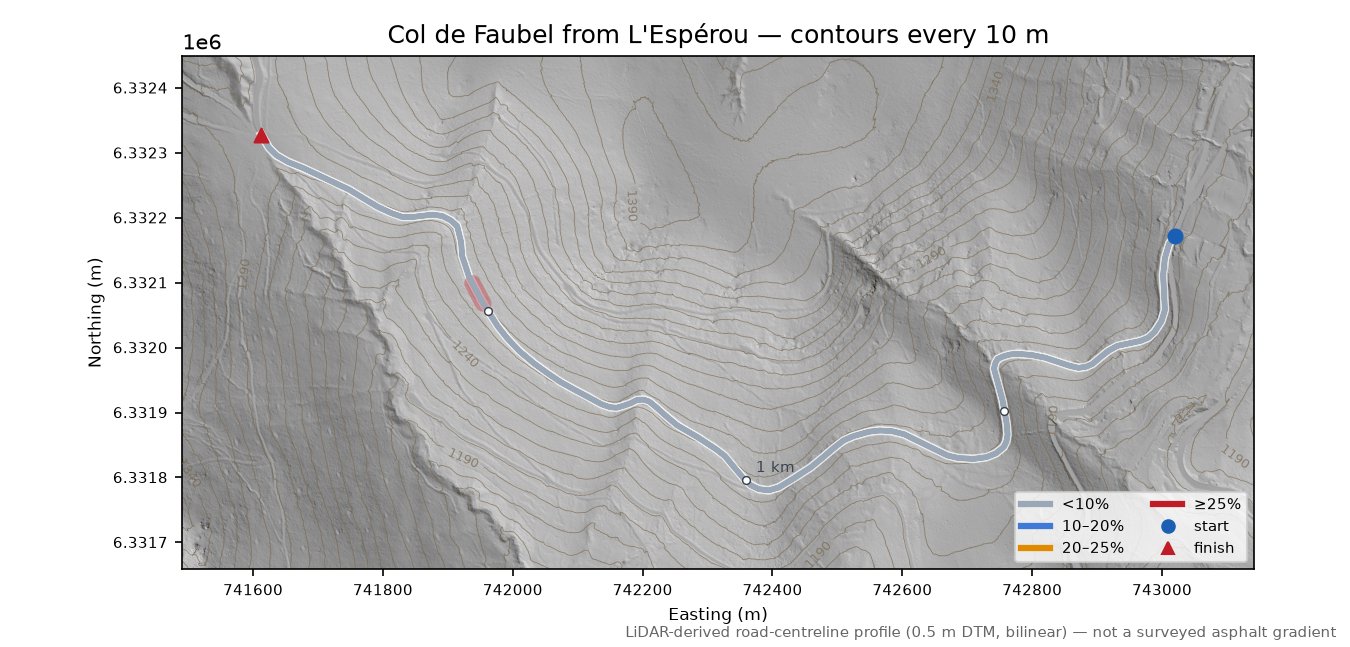 Col de Faubel from L'Espérou LiDAR hillshade map with contours