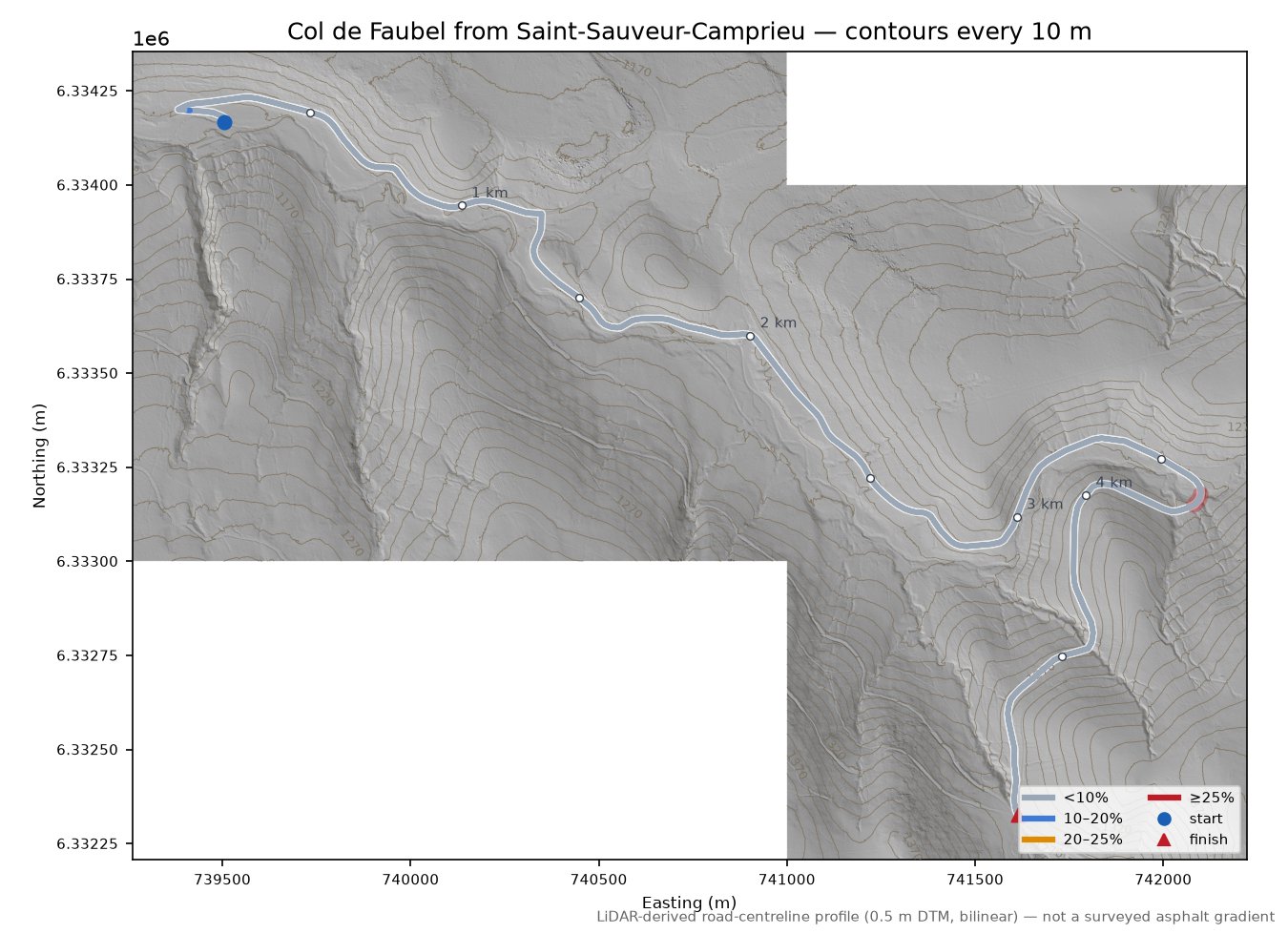 Col de Faubel from Saint-Sauveur-Camprieu LiDAR hillshade map with contours