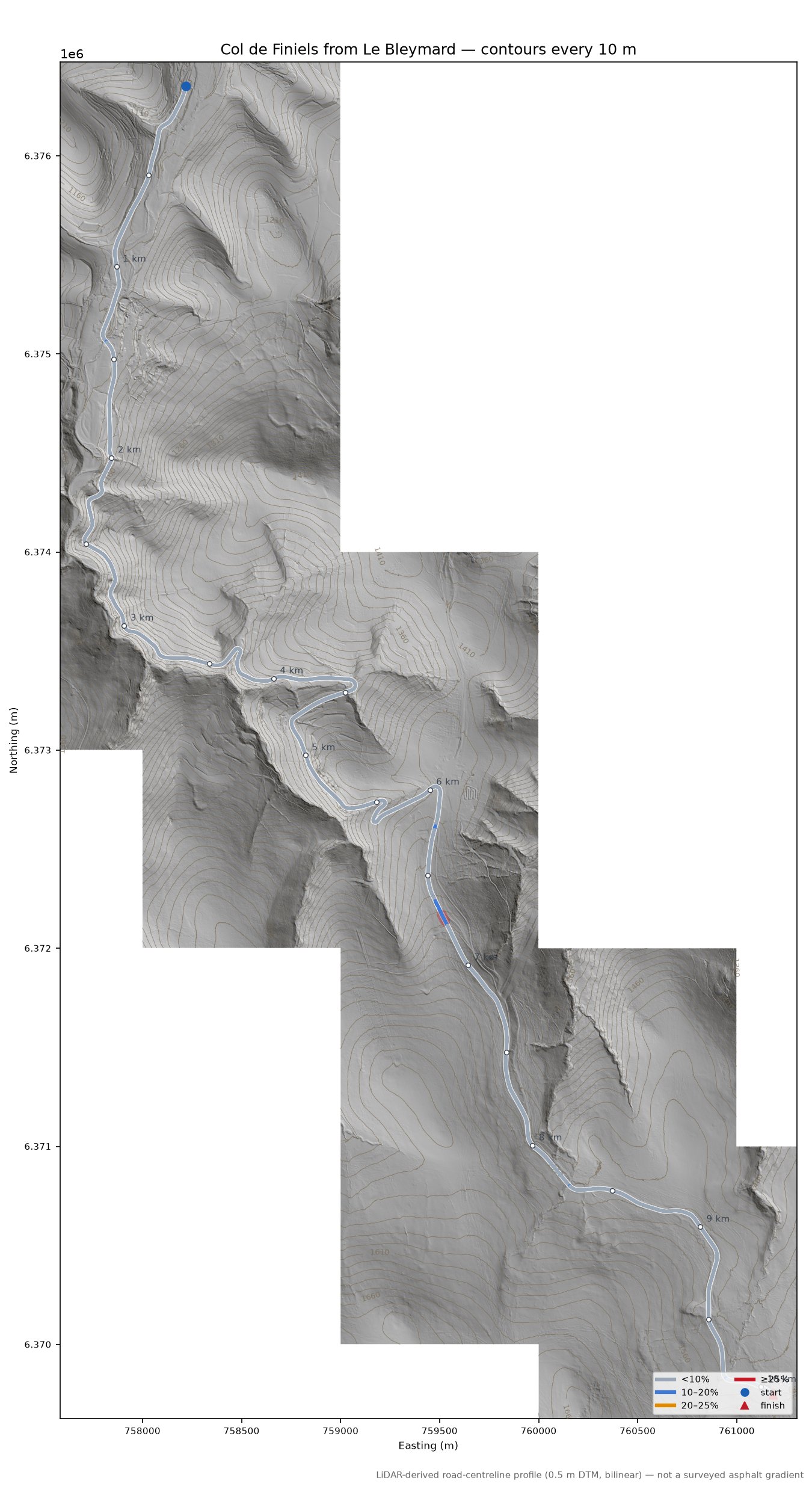 Col de Finiels from Le Bleymard LiDAR hillshade map with contours
