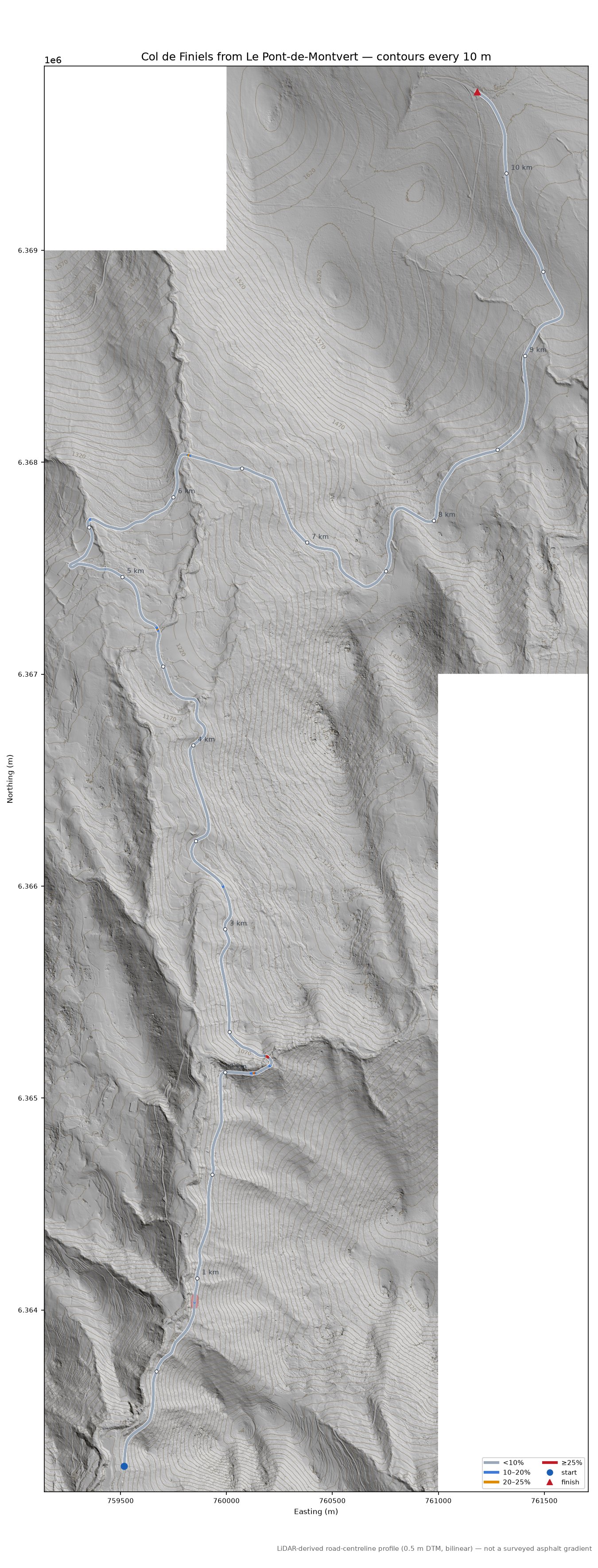 Col de Finiels from Le Pont-de-Montvert LiDAR hillshade map with contours