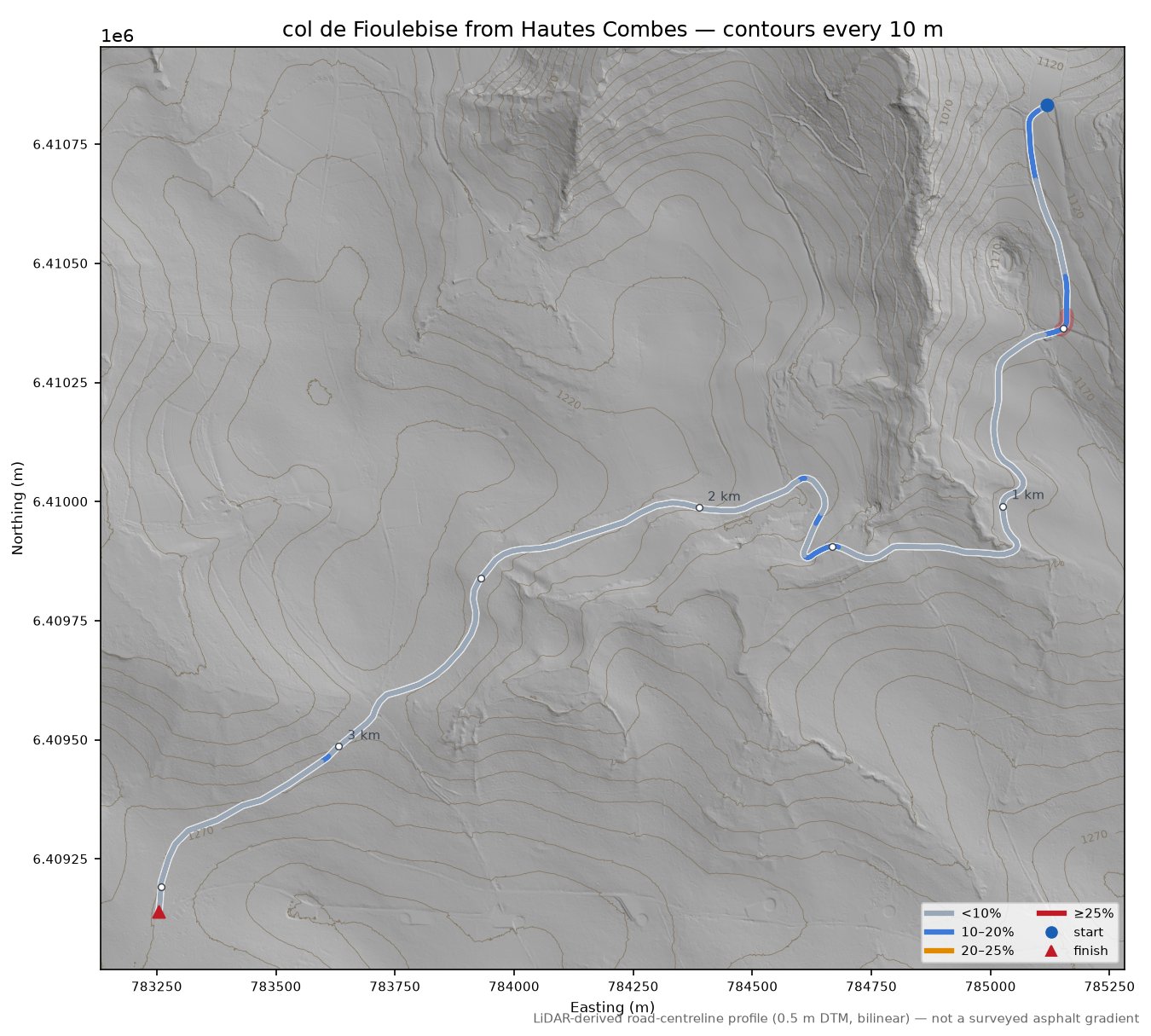 col de Fioulebise from Hautes Combes LiDAR hillshade map with contours