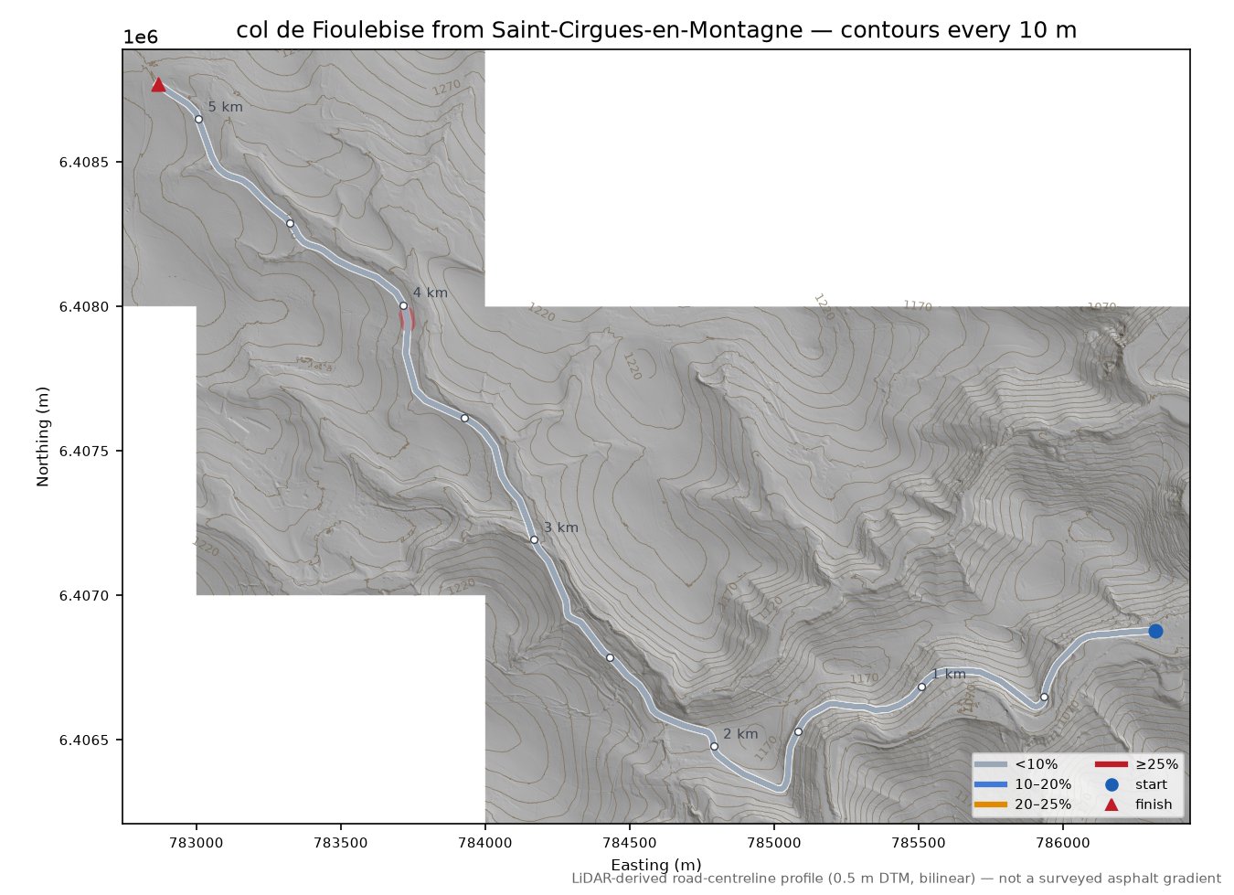 col de Fioulebise from Saint-Cirgues-en-Montagne LiDAR hillshade map with contours