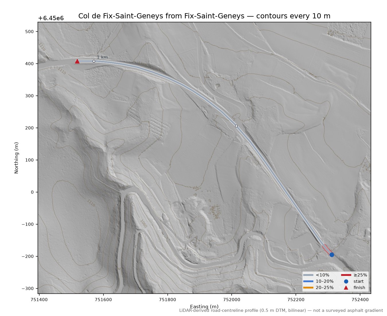 Col de Fix-Saint-Geneys from Fix-Saint-Geneys LiDAR hillshade map with contours