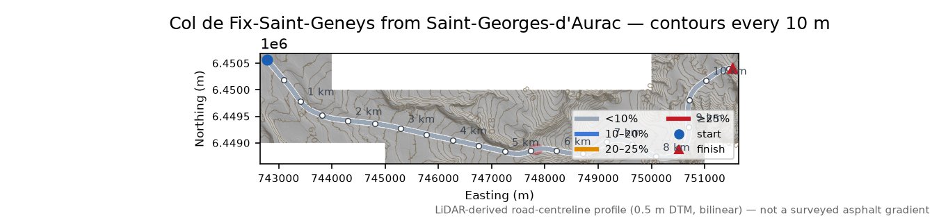 Col de Fix-Saint-Geneys from Saint-Georges-d'Aurac LiDAR hillshade map with contours
