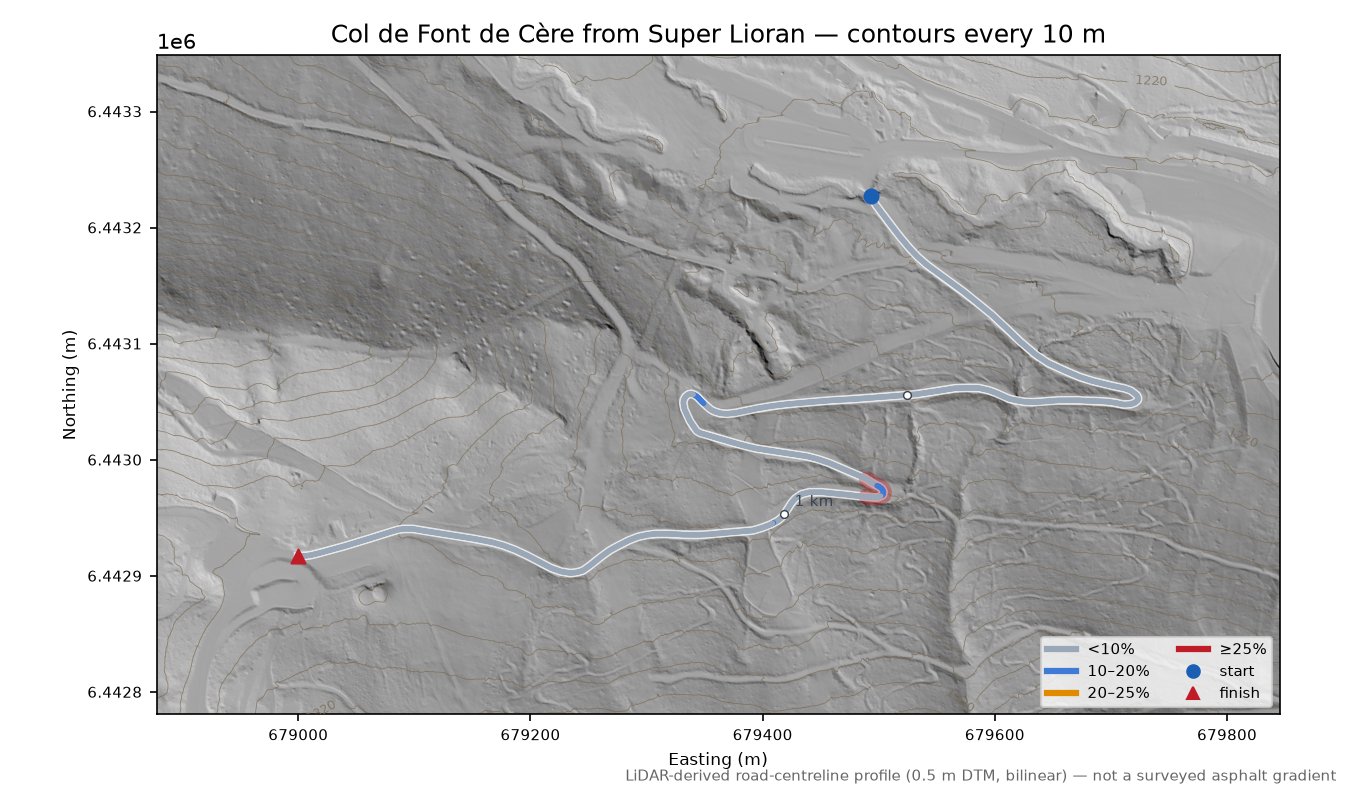 Col de Font de Cère from Super Lioran LiDAR hillshade map with contours