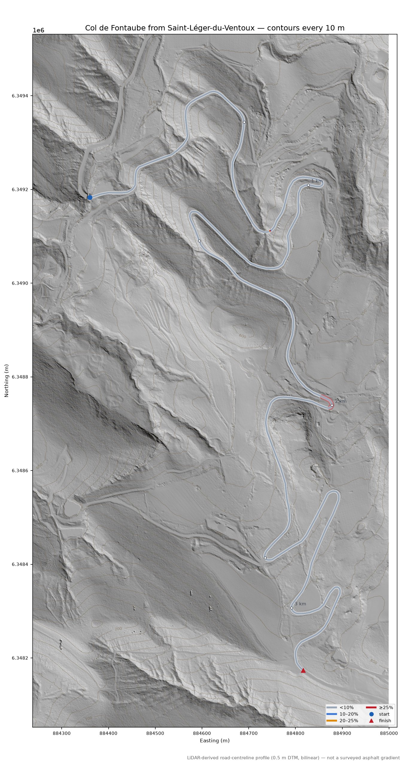 Col de Fontaube from Saint-Léger-du-Ventoux LiDAR hillshade map with contours