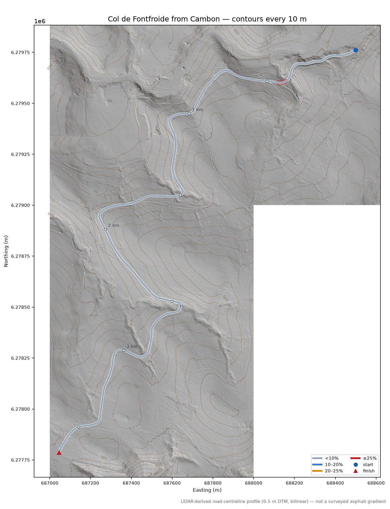 Col de Fontfroide from Cambon LiDAR hillshade map with contours
