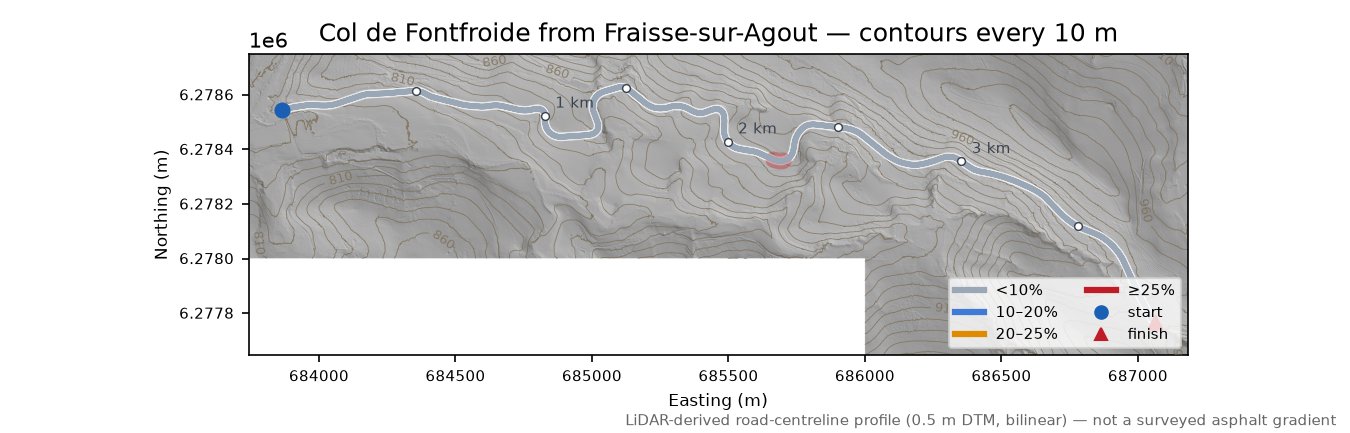 Col de Fontfroide from Fraisse-sur-Agout LiDAR hillshade map with contours