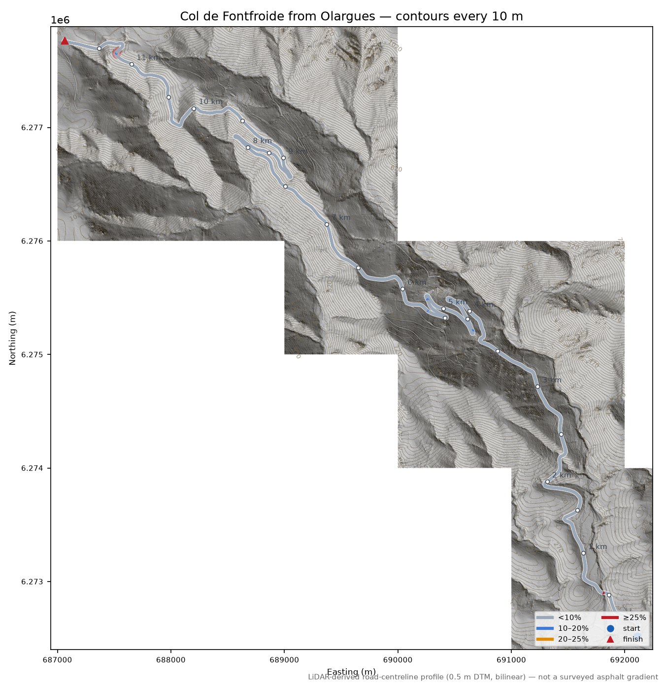 Col de Fontfroide from Olargues LiDAR hillshade map with contours