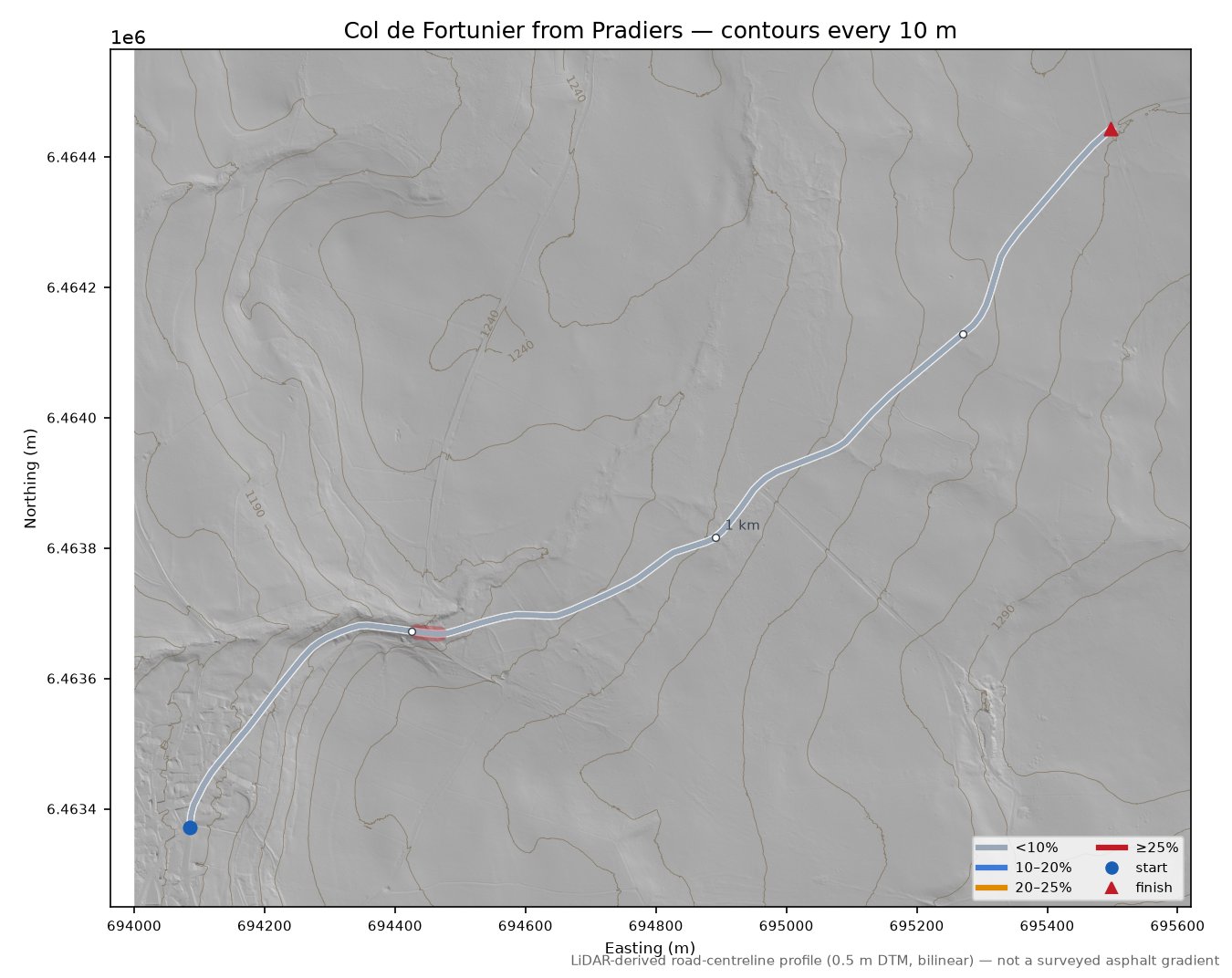 Col de Fortunier from Pradiers LiDAR hillshade map with contours