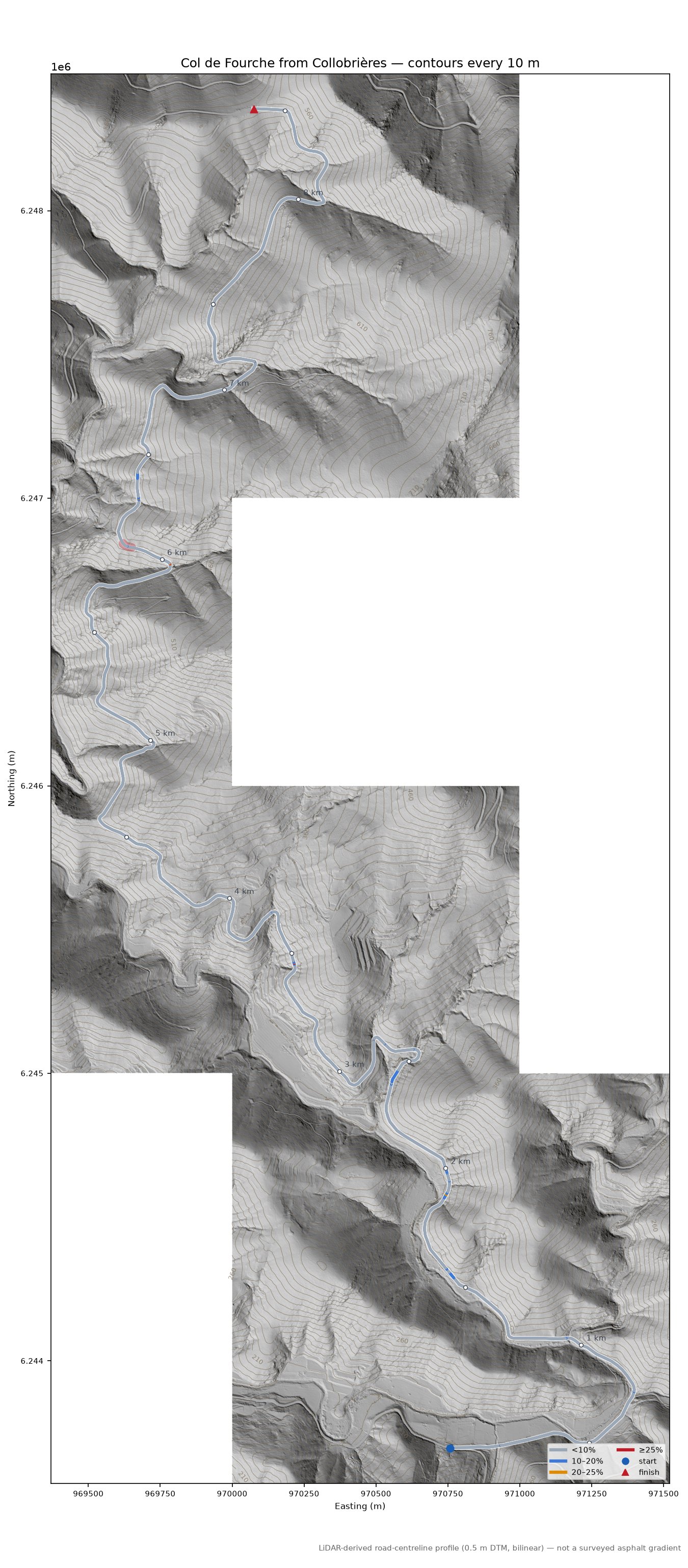 Col de Fourche from Collobrières LiDAR hillshade map with contours