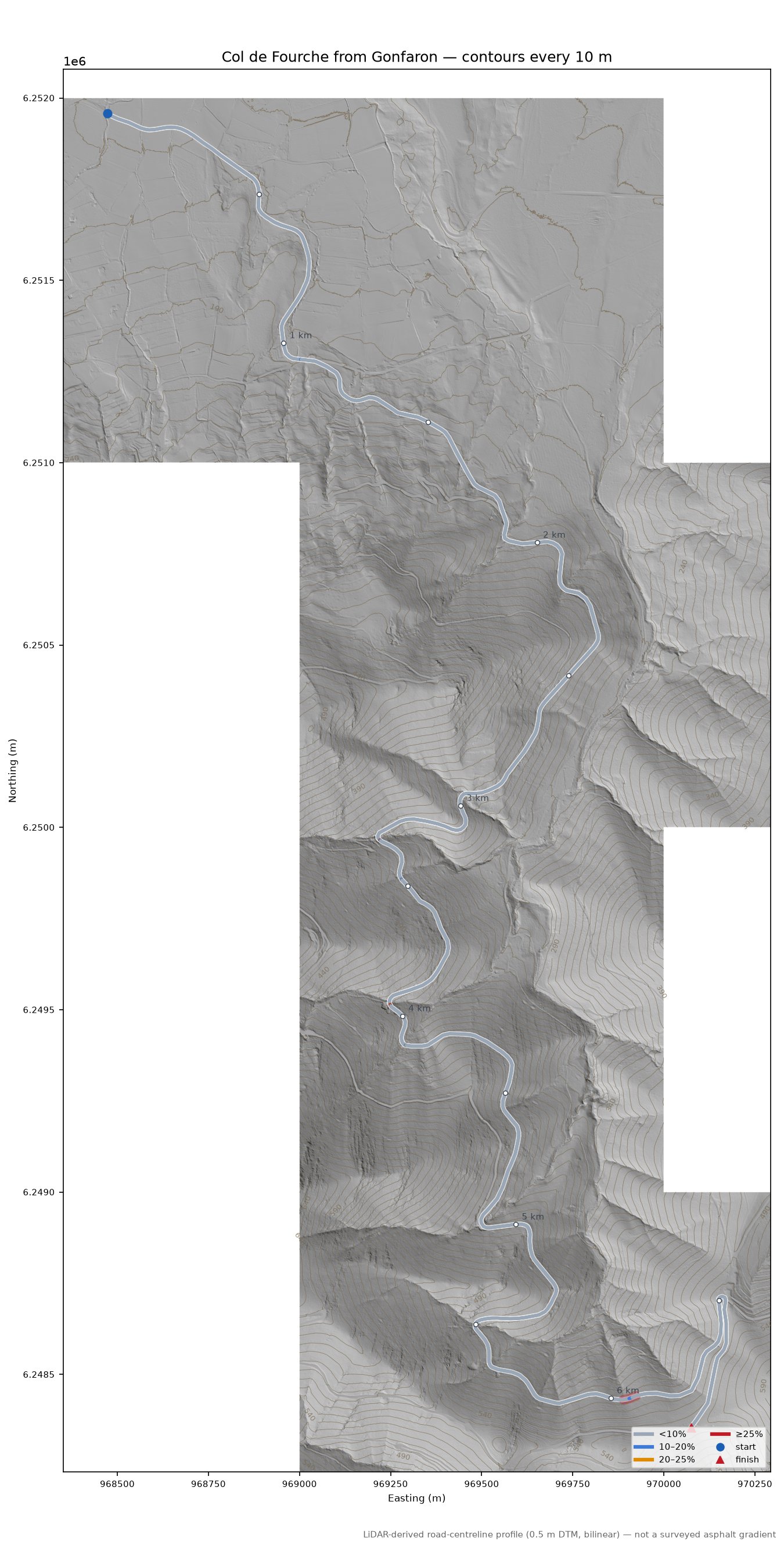 Col de Fourche from Gonfaron LiDAR hillshade map with contours