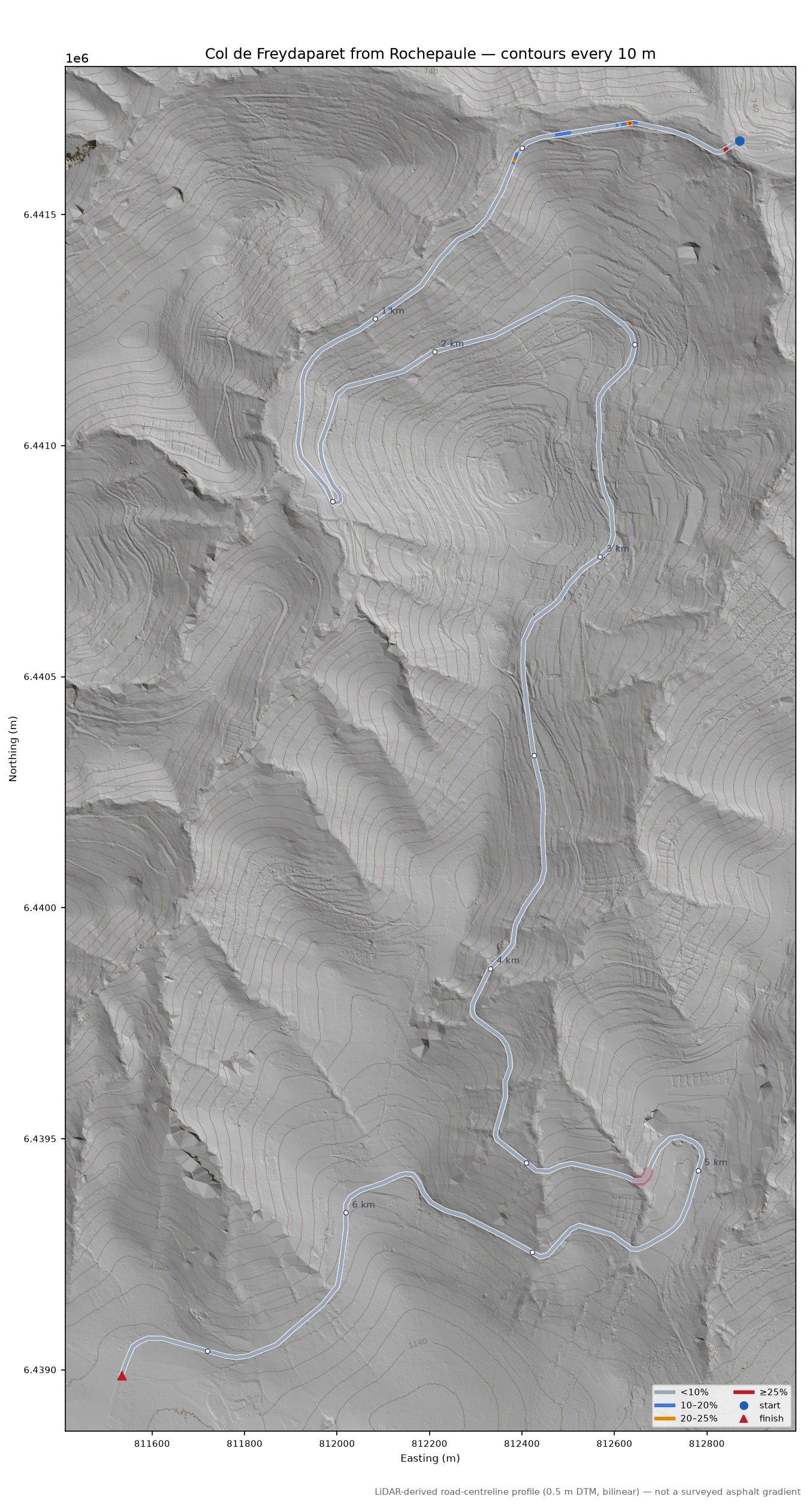 Col de Freydaparet from Rochepaule LiDAR hillshade map with contours