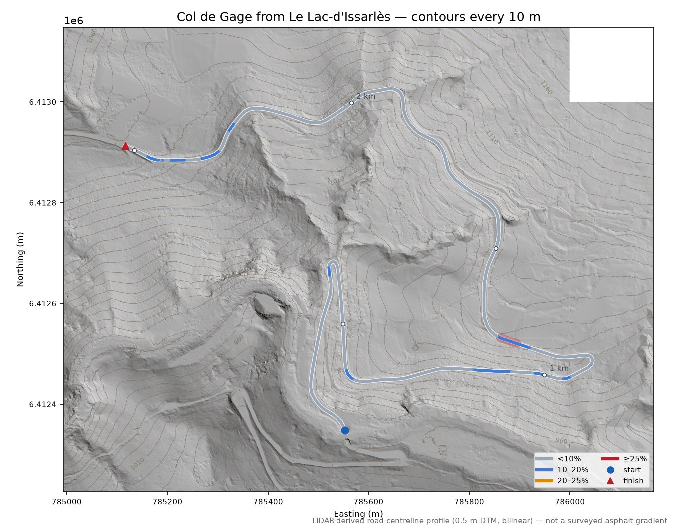 Col de Gage from Le Lac-d'Issarlès LiDAR hillshade map with contours