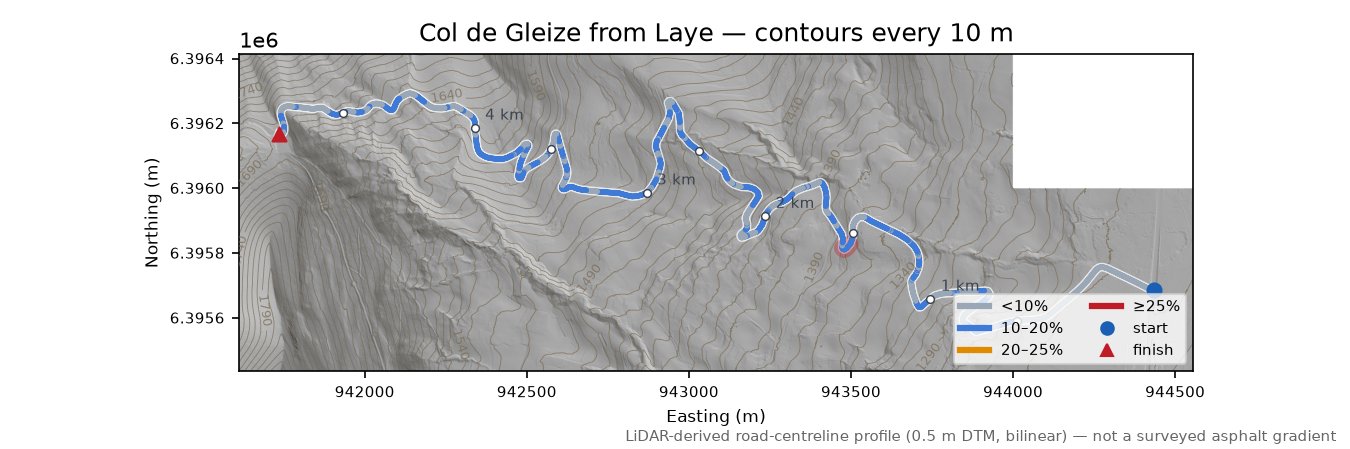 Col de Gleize from Laye LiDAR hillshade map with contours