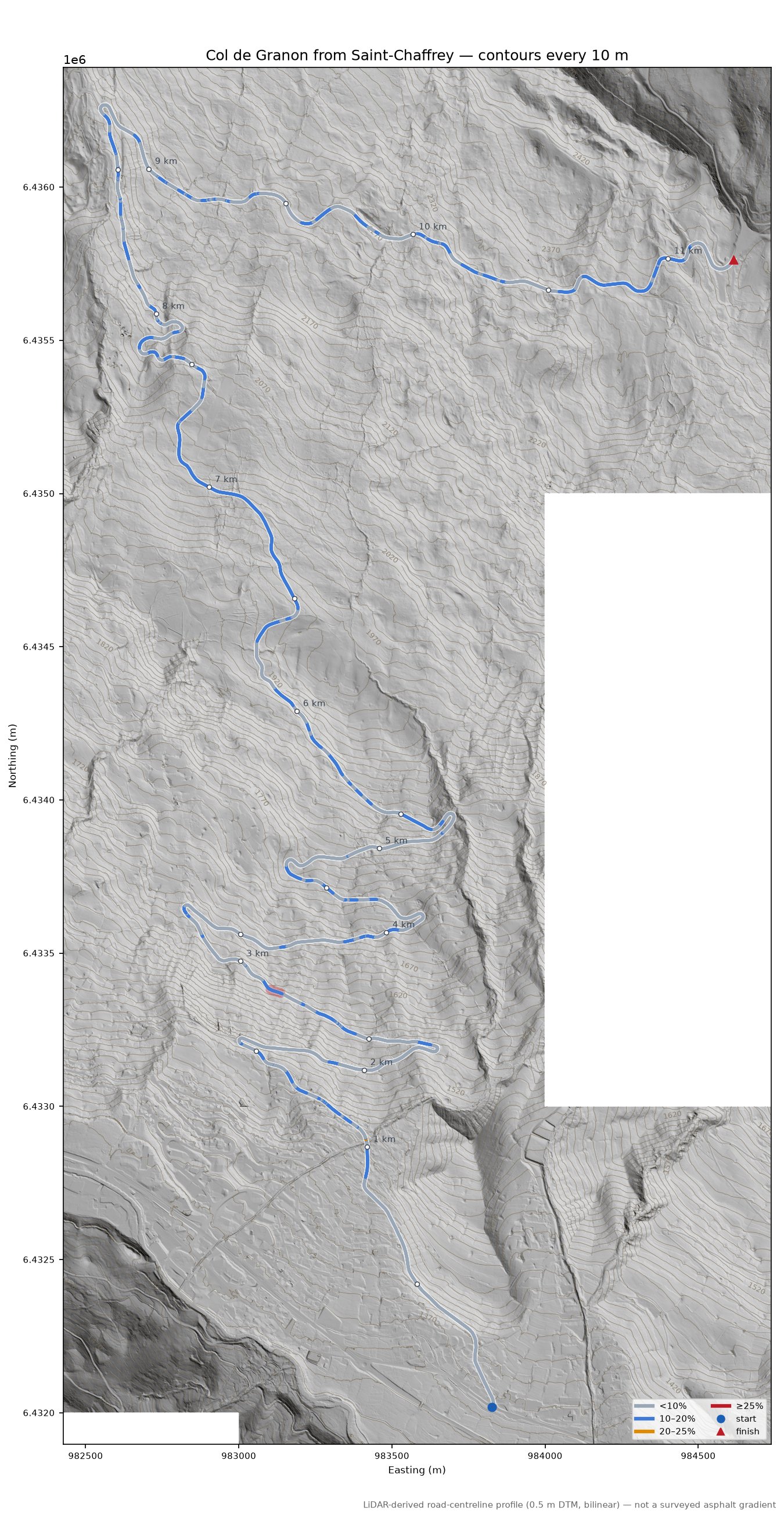 Col de Granon from Saint-Chaffrey LiDAR hillshade map with contours