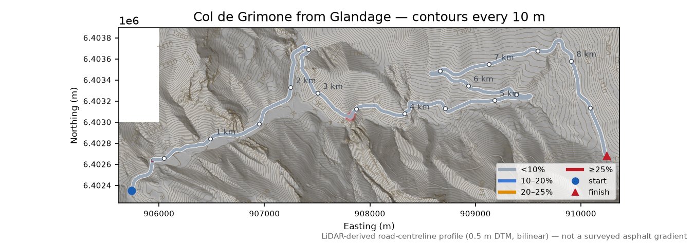 Col de Grimone from Glandage LiDAR hillshade map with contours