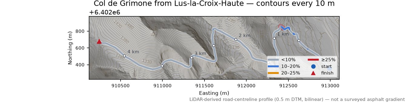 Col de Grimone from Lus-la-Croix-Haute LiDAR hillshade map with contours