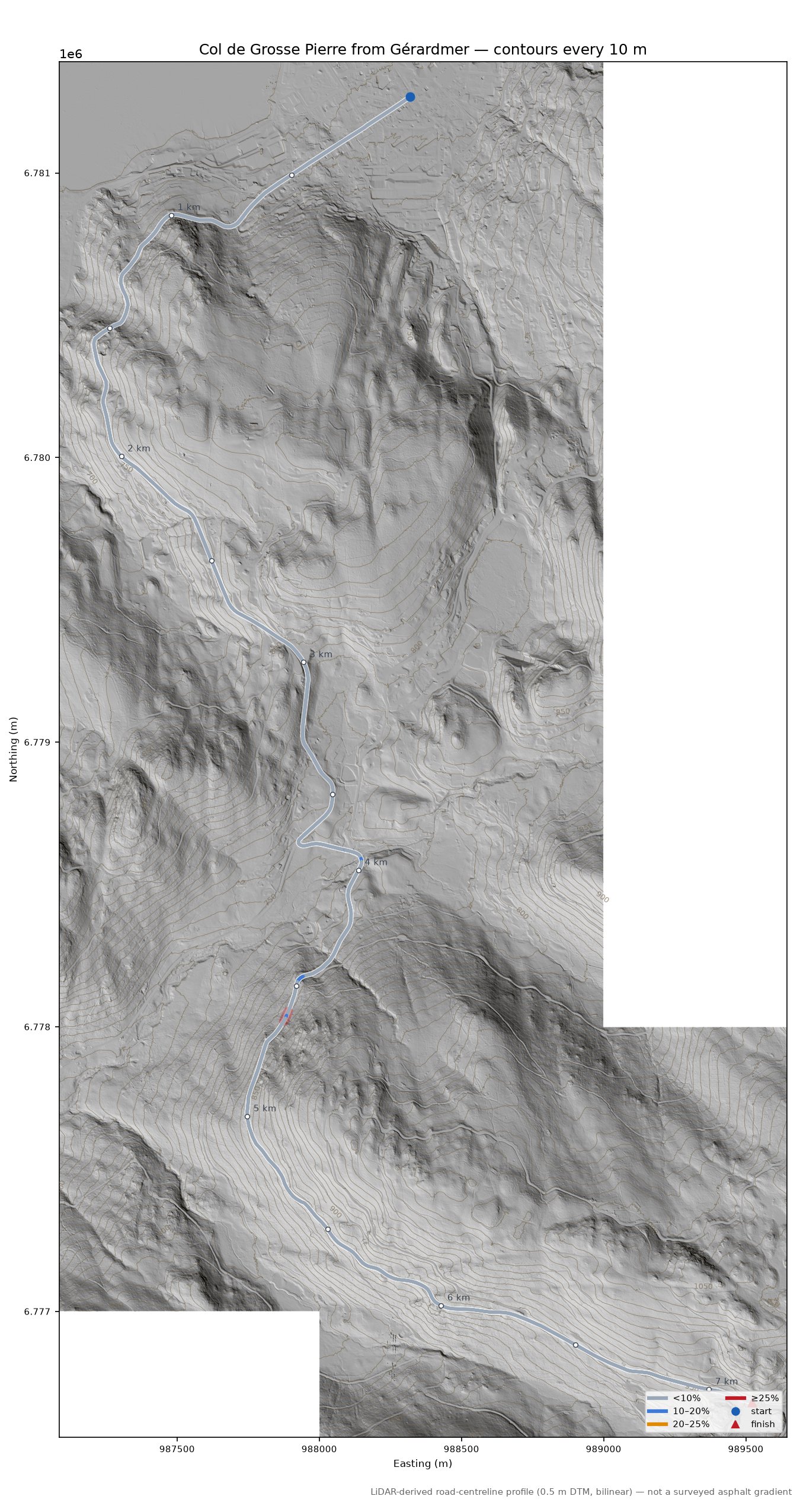 Col de Grosse Pierre from Gérardmer LiDAR hillshade map with contours