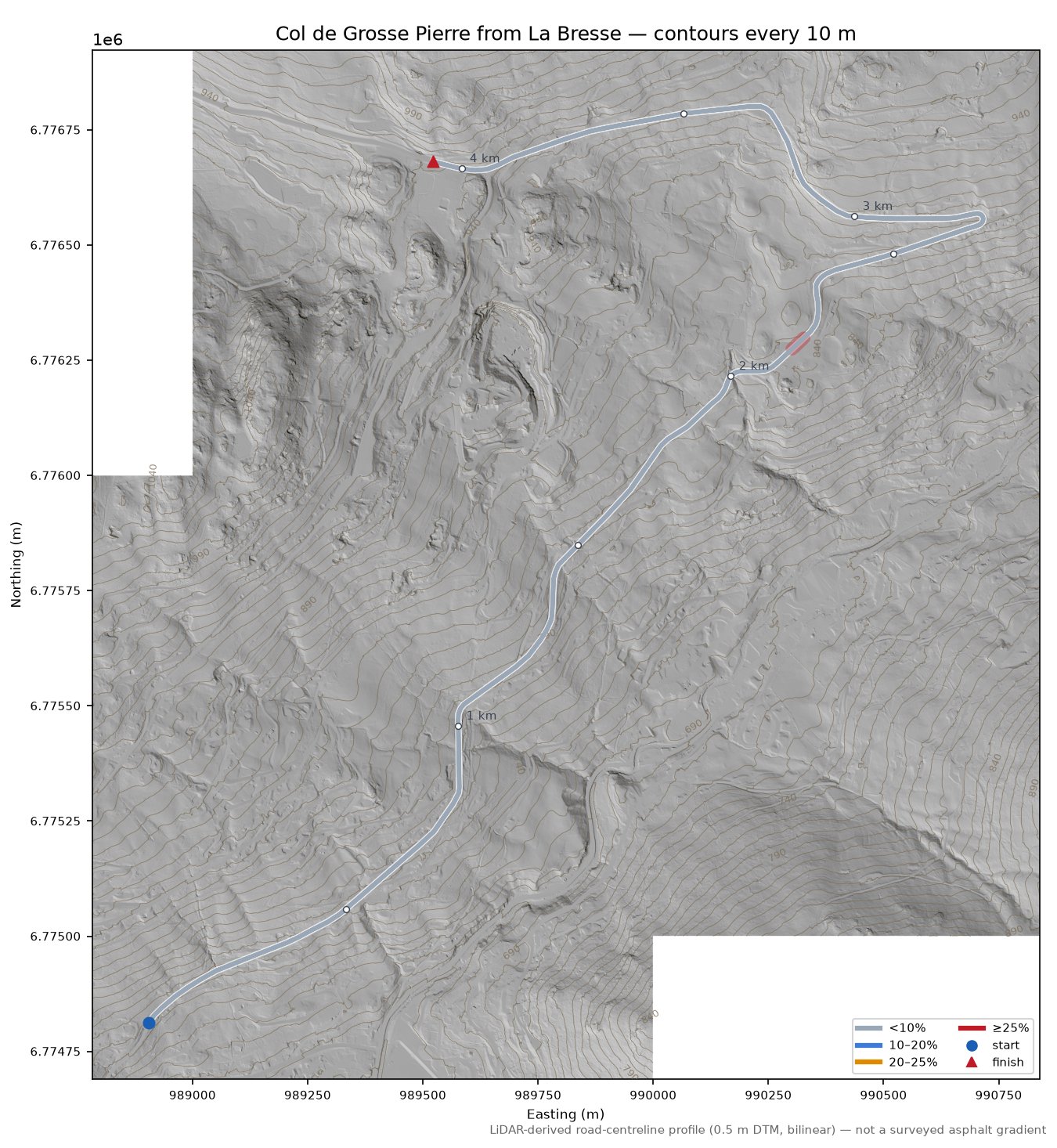 Col de Grosse Pierre from La Bresse LiDAR hillshade map with contours