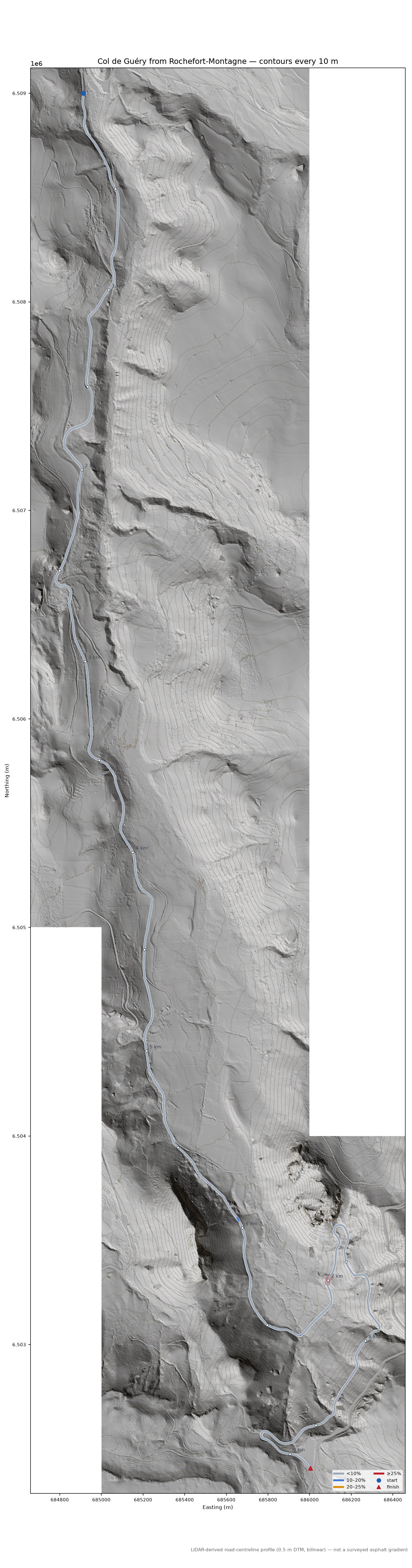 Col de Guéry from Rochefort-Montagne LiDAR hillshade map with contours