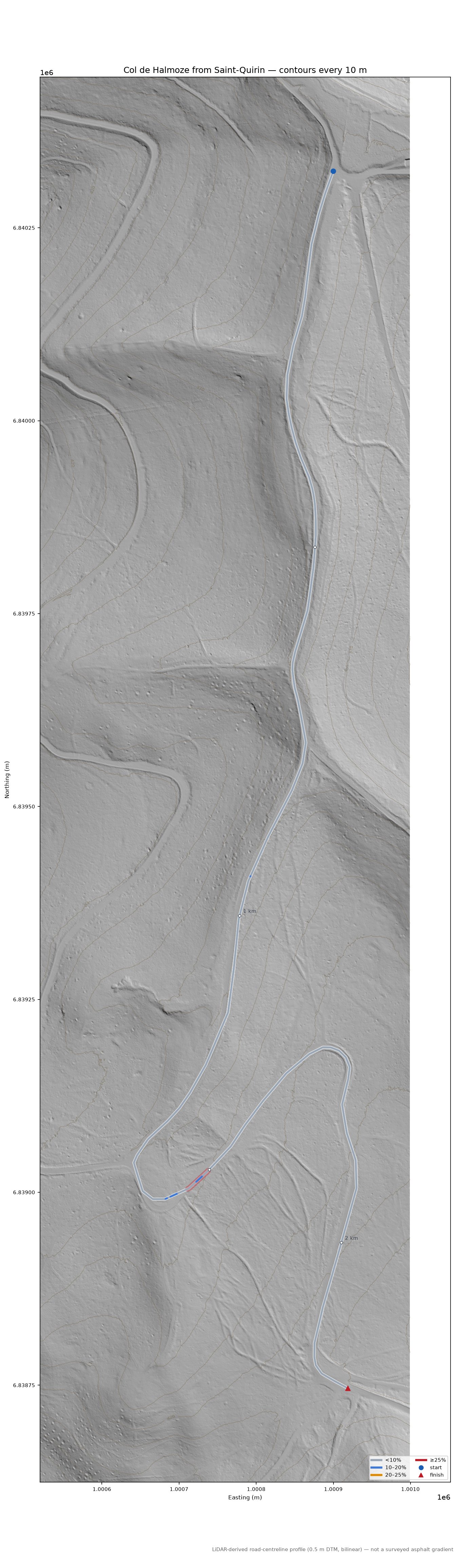 Col de Halmoze from Saint-Quirin LiDAR hillshade map with contours