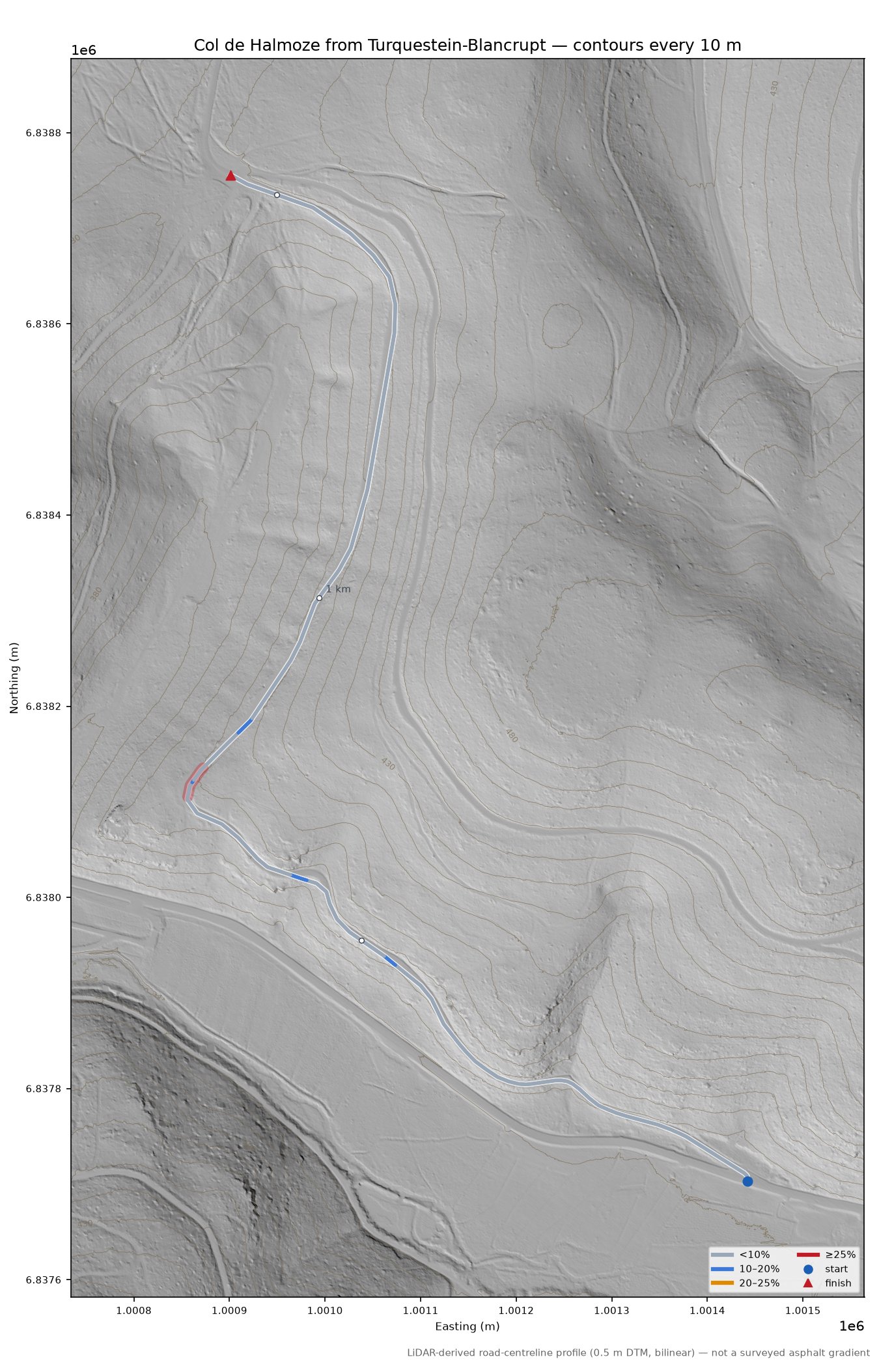 Col de Halmoze from Turquestein-Blancrupt LiDAR hillshade map with contours