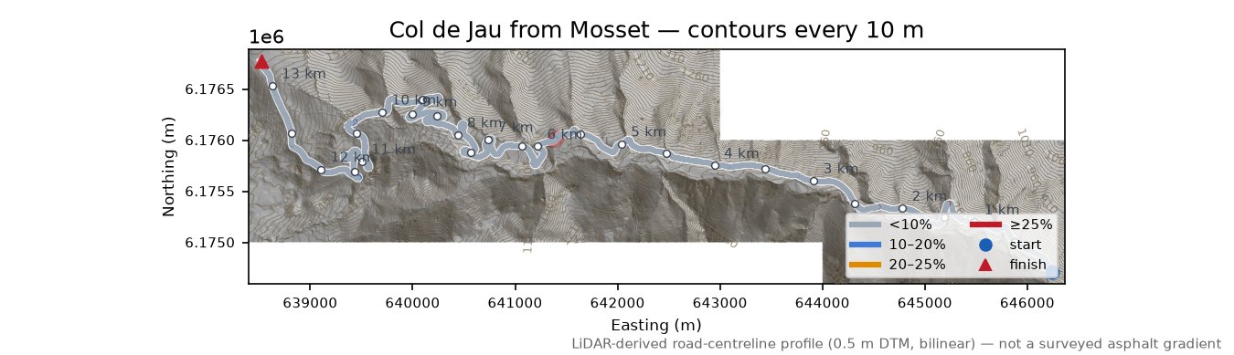 Col de Jau from Mosset LiDAR hillshade map with contours