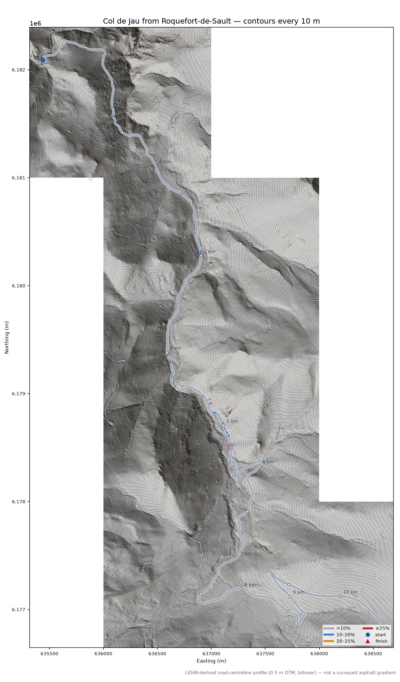 Col de Jau from Roquefort-de-Sault LiDAR hillshade map with contours