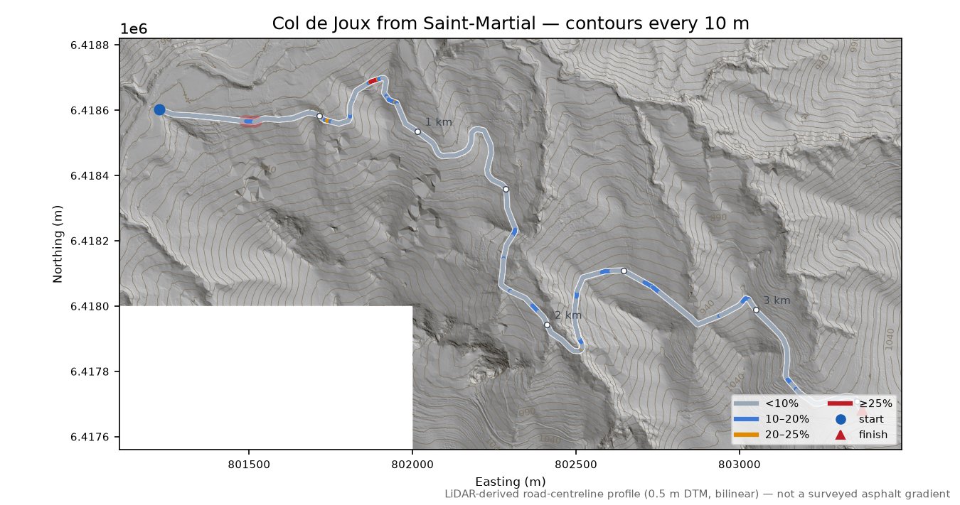 Col de Joux from Saint-Martial LiDAR hillshade map with contours