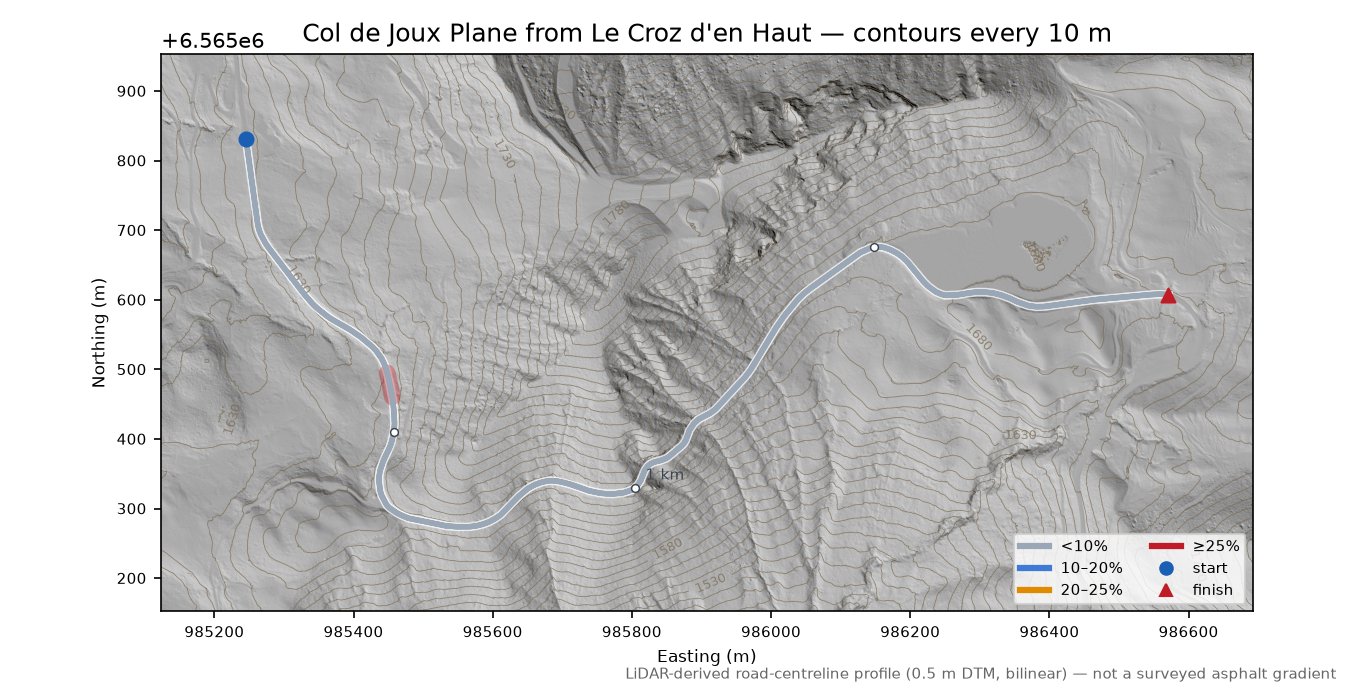 Col de Joux Plane from Le Croz d'en Haut LiDAR hillshade map with contours