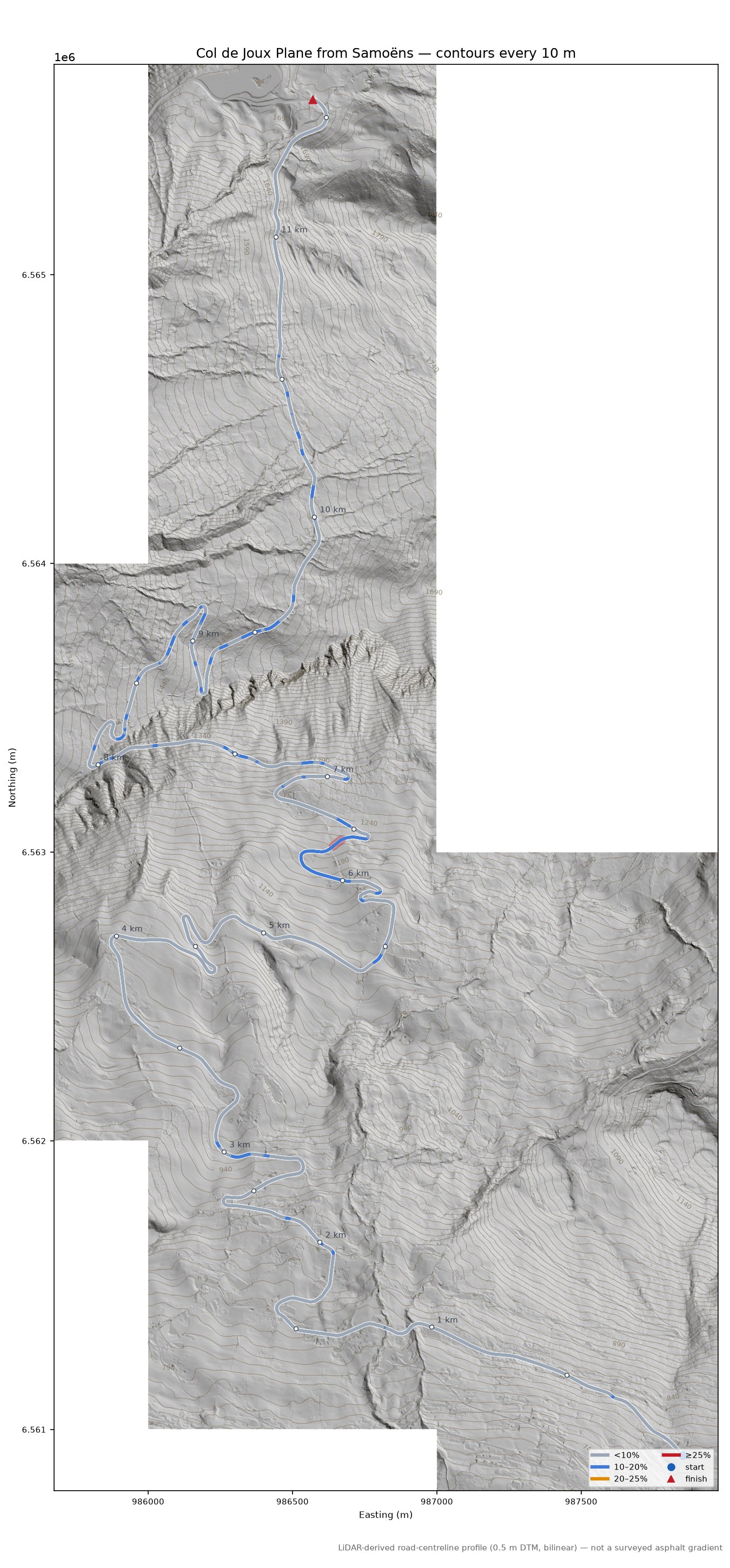 Col de Joux Plane from Samoëns LiDAR hillshade map with contours