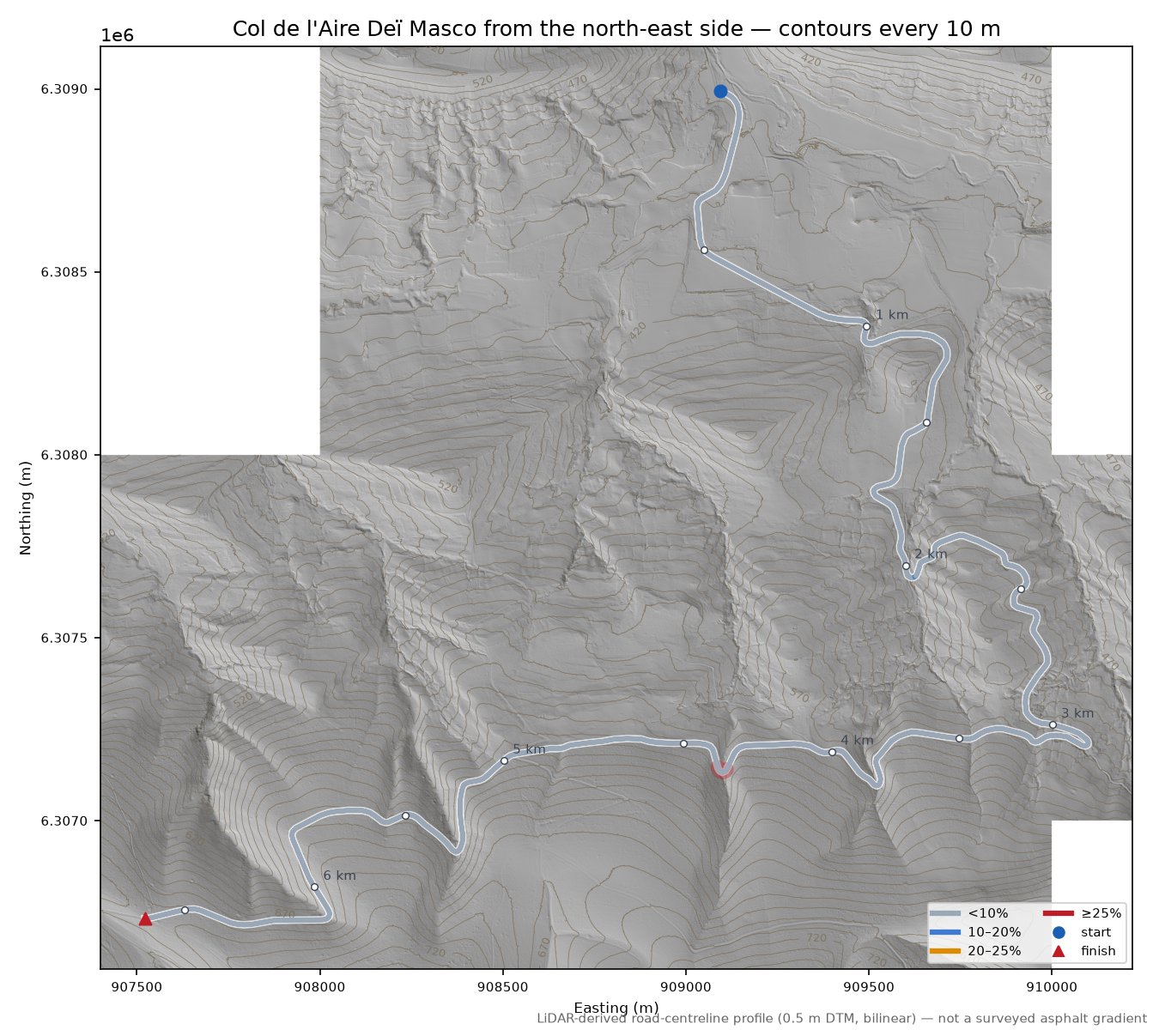 Col de l'Aire Deï Masco from the north-east side LiDAR hillshade map with contours