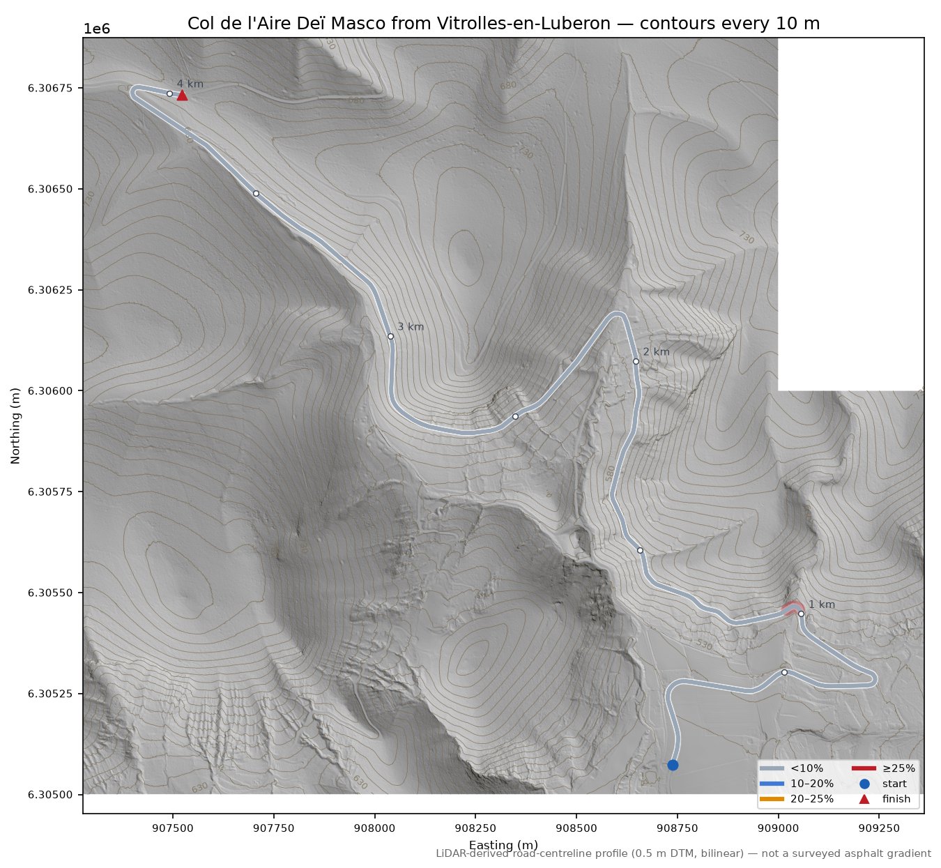 Col de l'Aire Deï Masco from Vitrolles-en-Luberon LiDAR hillshade map with contours